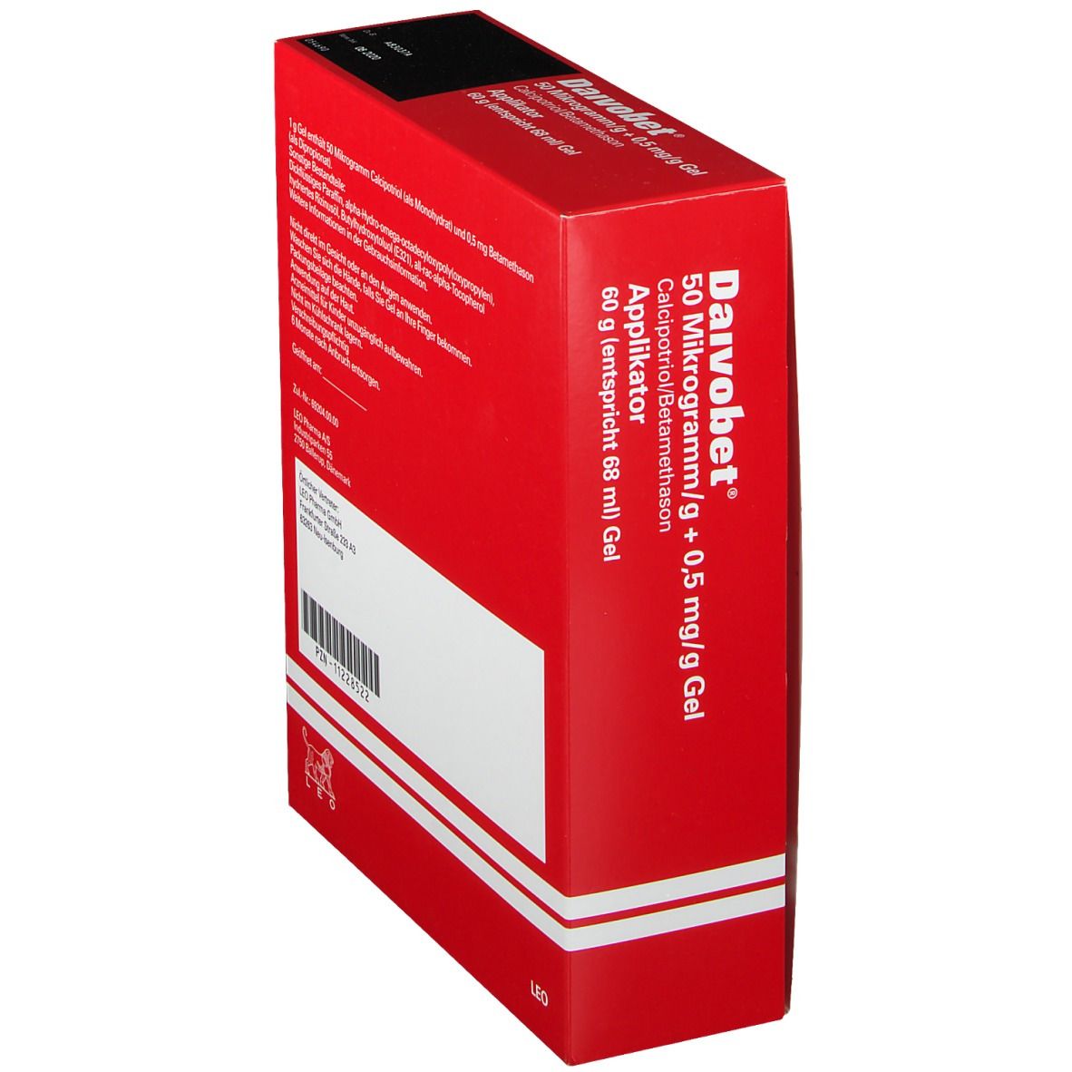 Rote Faltschachtel mit Produktinformationen. Aufschrift: Daivobet 50 Mikrogramm/g + 0,5 mg/g Gel Applikator. 60 g (entspricht 68 ml) Gel.