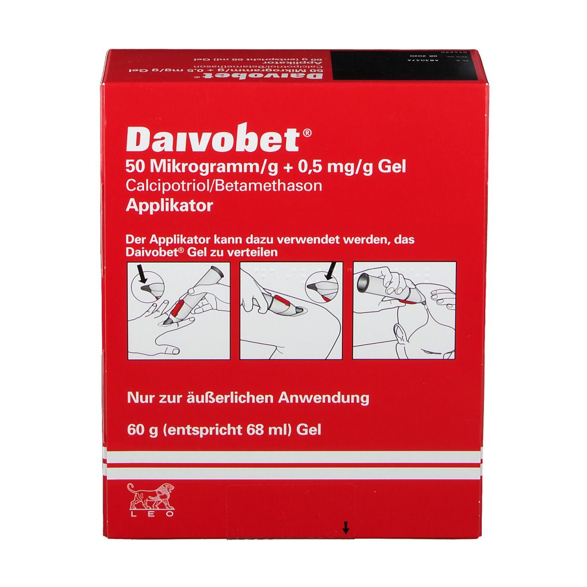 Rote Faltschachtel mit Produktinformationen. Aufschrift: Daivobet 50 Mikrogramm/g + 0,5 mg/g Gel Applikator. Illustrationen zur Anwendung.