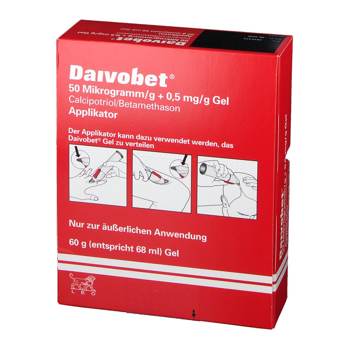 Rote Faltschachtel mit Produktinformationen. Aufschrift: Daivobet 50 Mikrogramm/g + 0,5 mg/g Gel Applikator. Illustrationen zur Anwendung.
