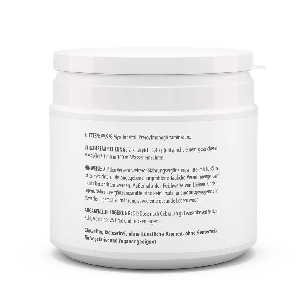 Rückseite des weißen Produktglases. Enthält Informationen zur Anwendung, Lagerung und Inhaltsstoffen.