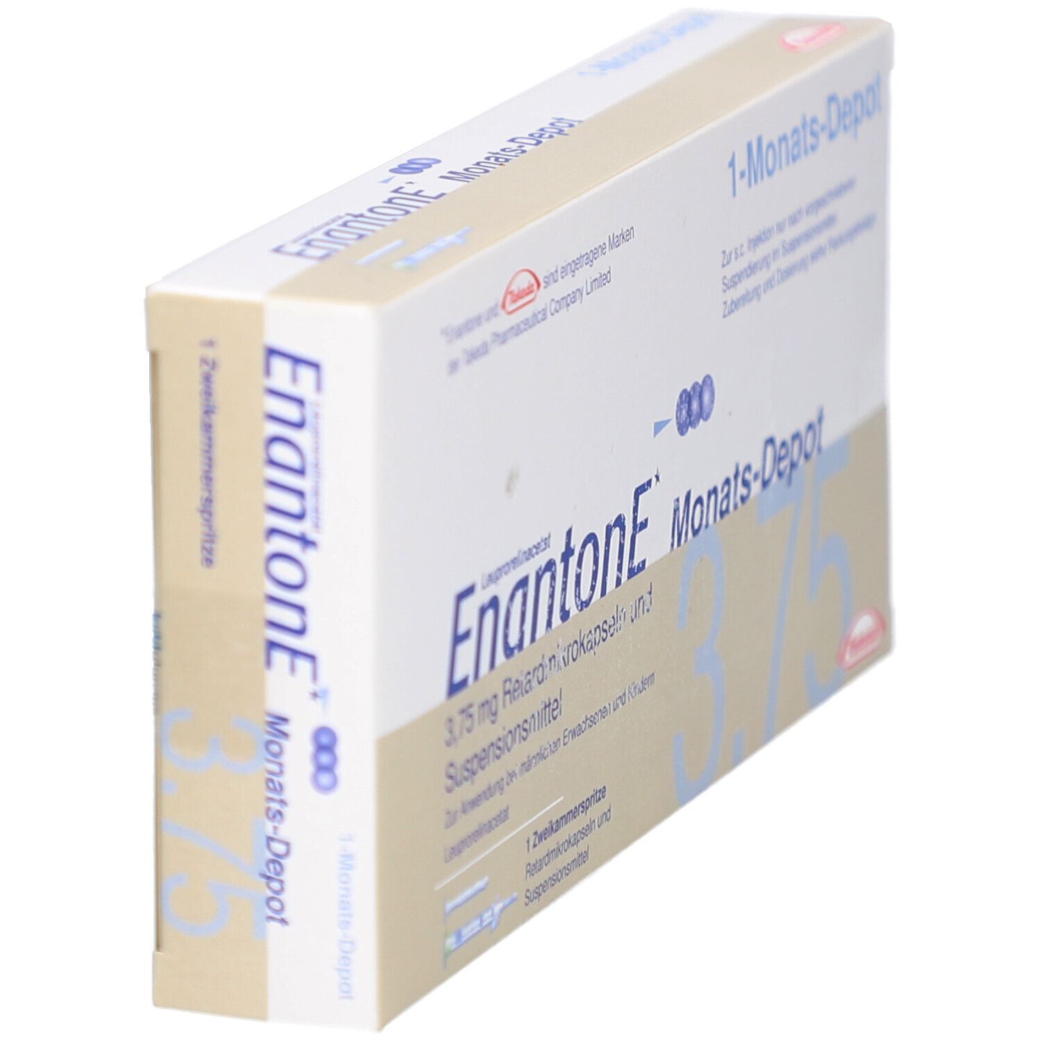 Schrägansicht der Enantone Monats-Depot Verpackung. Weißer Karton mit blauer und grüner Schrift. Takeda Logo.