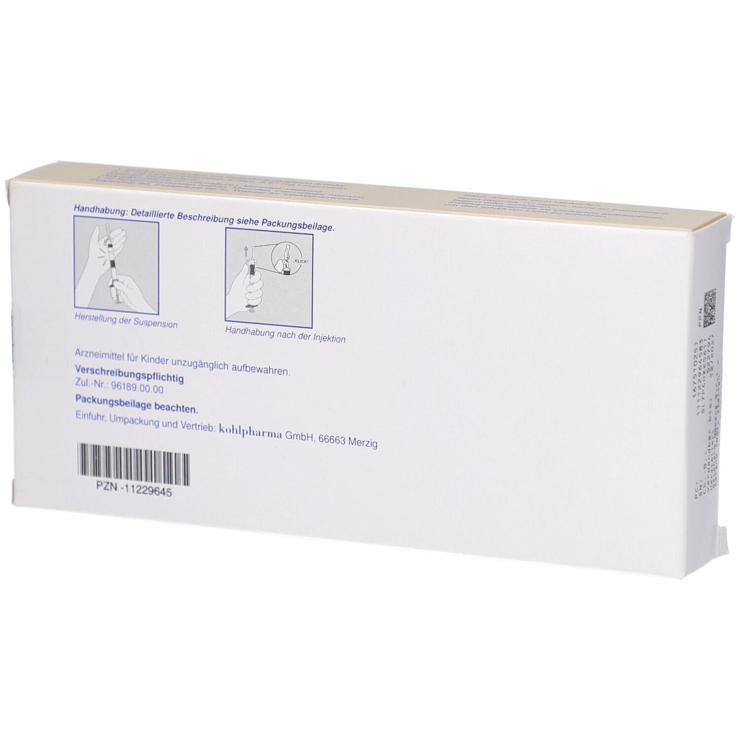 Rückseite der Enantone Monats-Depot Verpackung. Enthält Anweisungen und Barcode. Herstellerinformationen.