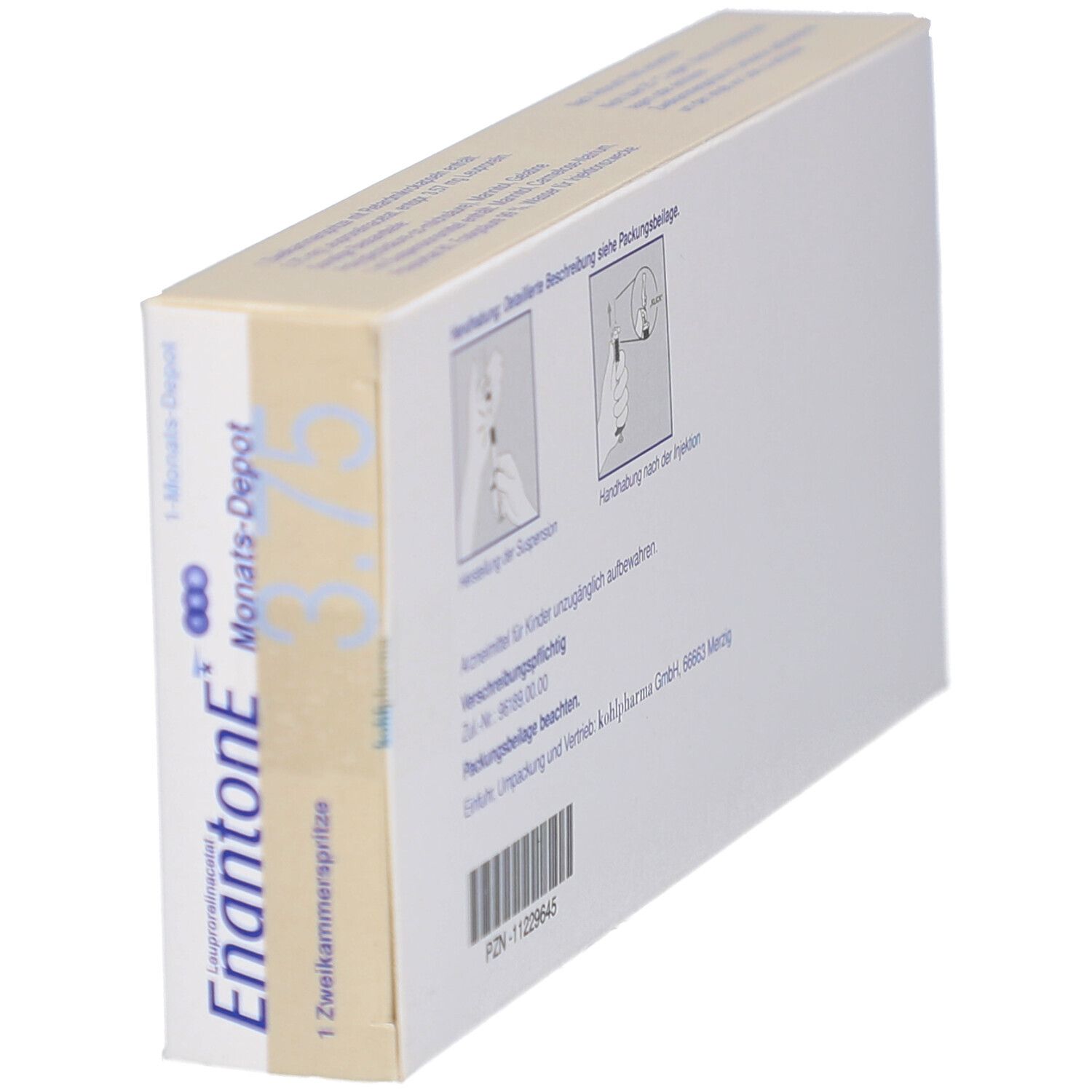 Schrägansicht der Enantone Monats-Depot Verpackung. Enthält Anweisungen und Barcode. Takeda Logo.