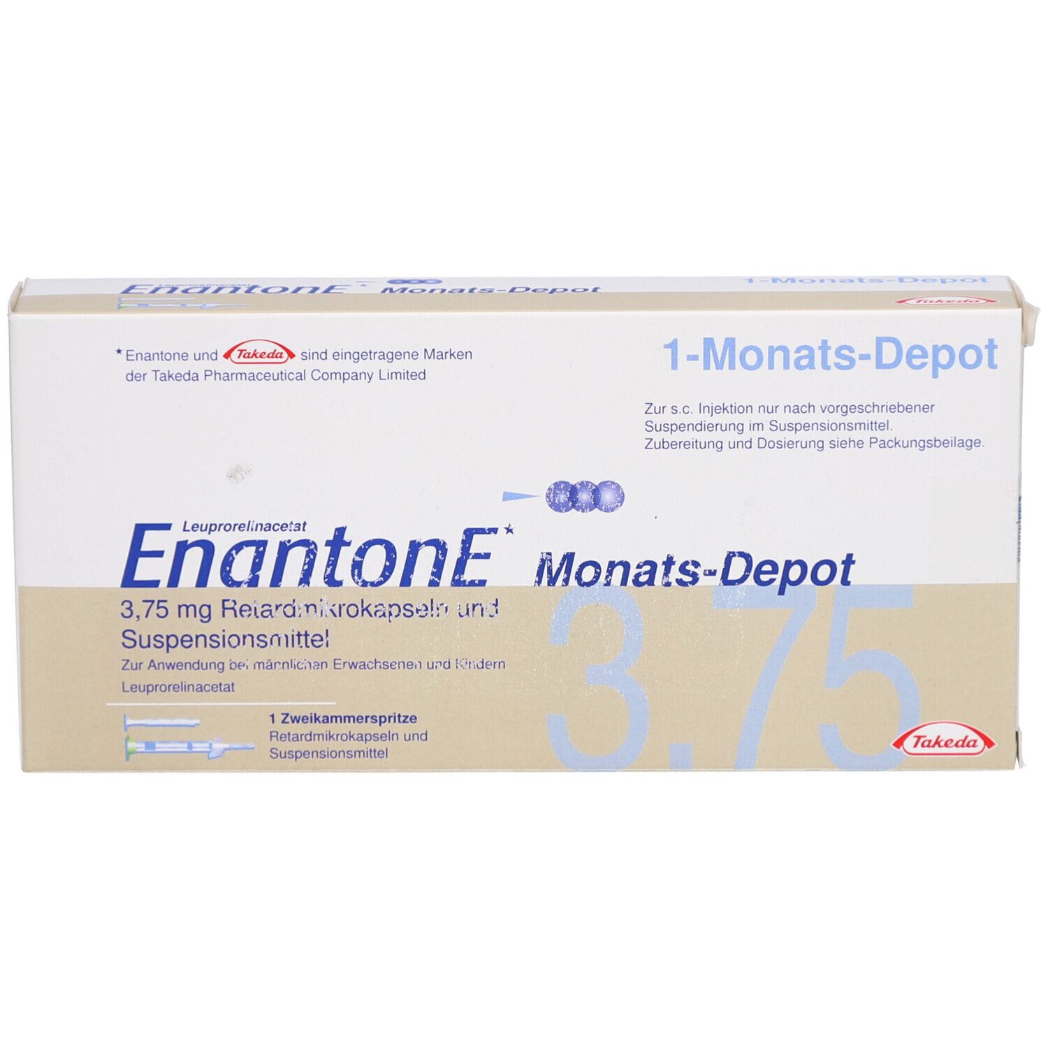 Weiße Produktverpackung mit Aufschrift "Enantone E Monats-Depot". Zeigt Produktnamen, Dosierung und Logo.