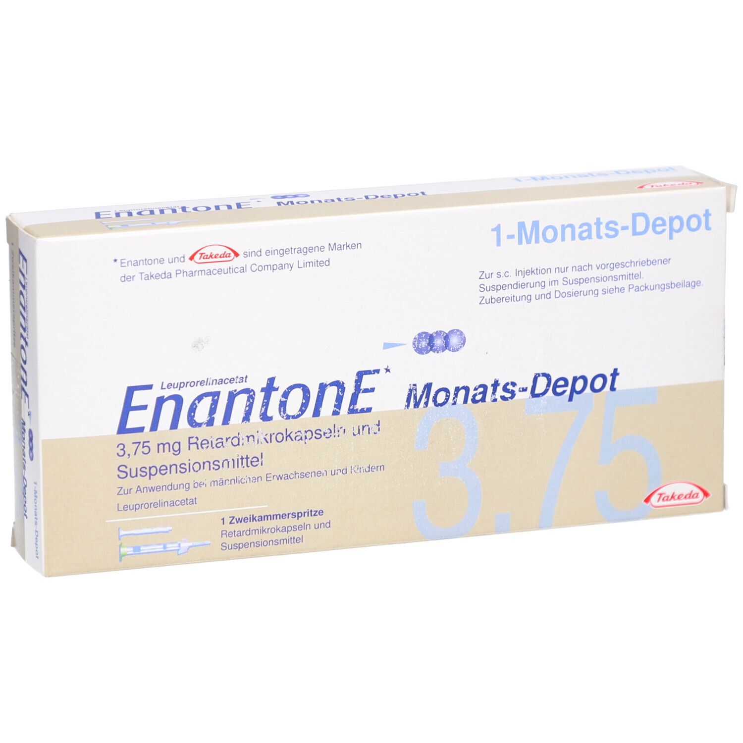 Enantone Monats-Depot Verpackung. Weißer Karton mit blauer und grüner Schrift. Enthält eine Fertigspritze.