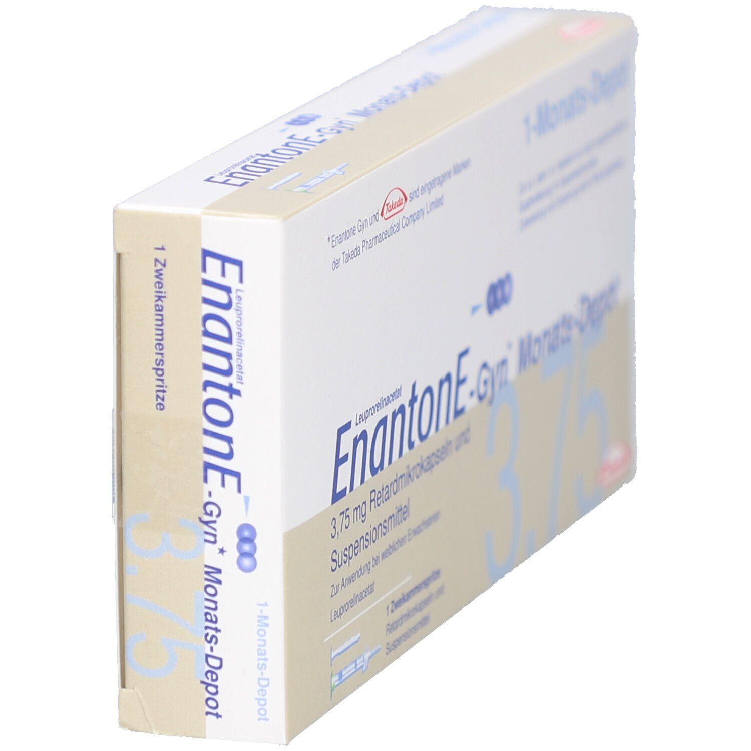 Schräg gestellte Produktverpackung. Zeigt den Produktnamen und die Dosierung auf weißem Hintergrund.