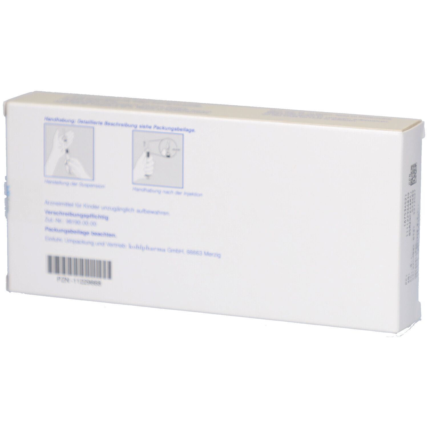 Rückseite der Enantone-Gyn Monats-Depot-Verpackung. Abbildungen zur Zubereitung. Text: Für Kinder unzugänglich aufbewahren.