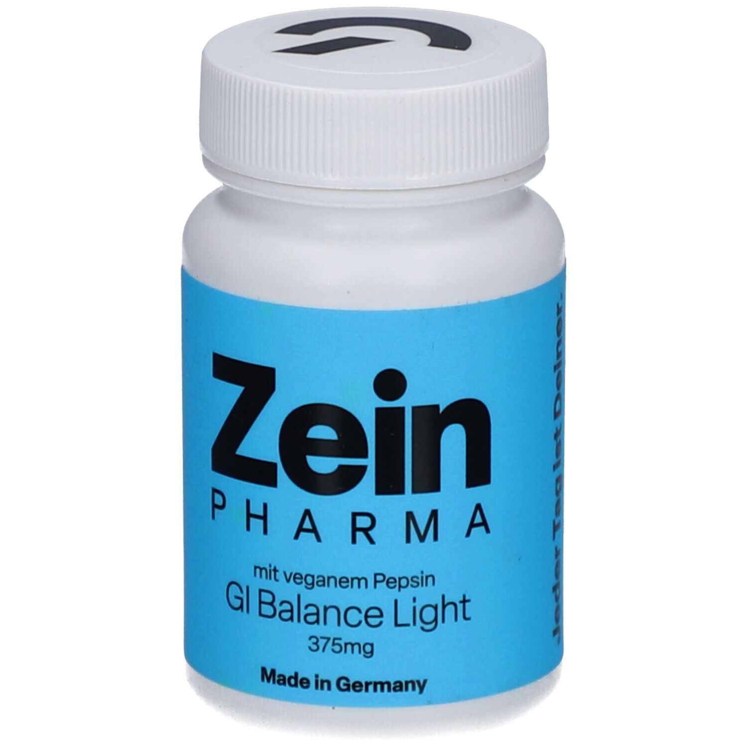 Weiße Pillendose mit blauem Etikett. Zein Pharma, GI Balance Light 375mg. Deckel mit Logo.