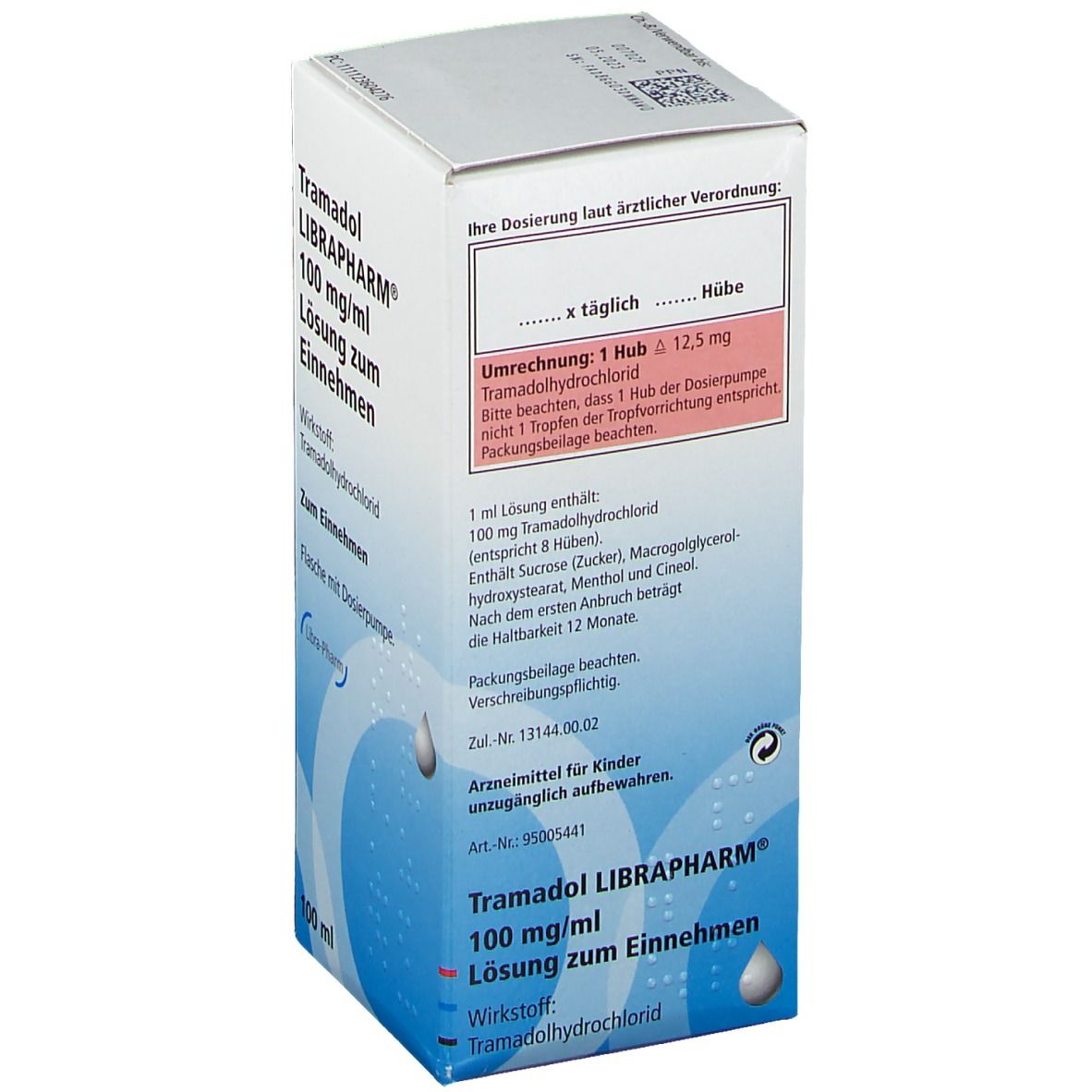 Rückseite der Tramadol LIBRAPHARM® 100 mg/ml Packung. Enthält Dosierungshinweise und Inhaltsstoffe. Marke Libra-Pharm.
