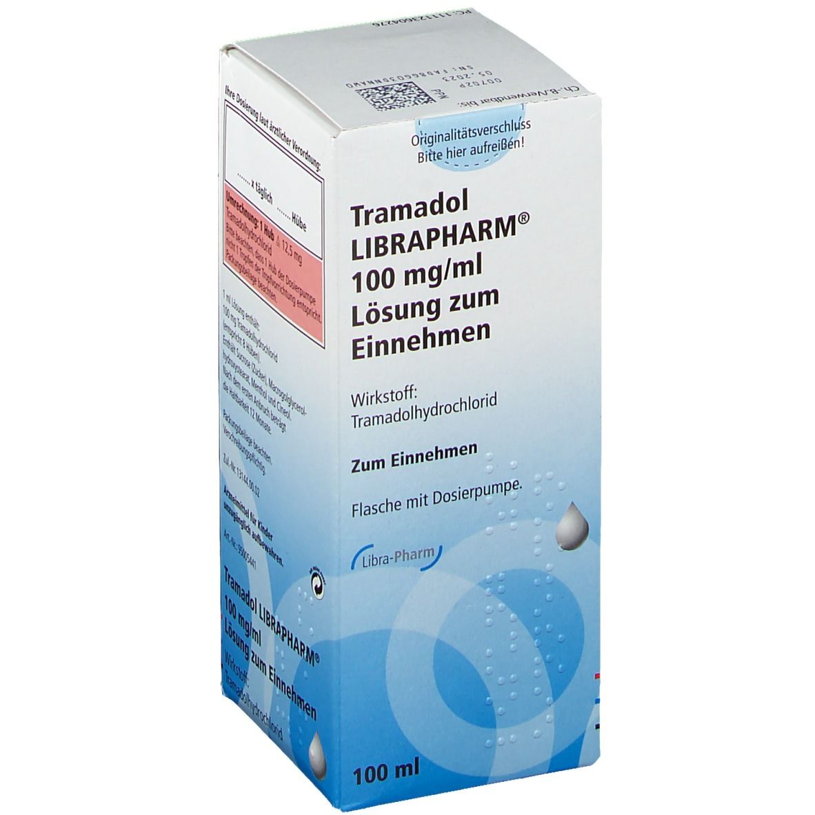 Karton von Tramadol LIBRAPHARM® 100 mg/ml. Aufschrift: Lösung zum Einnehmen. Enthält Dosierpumpe. Marke Libra-Pharm.