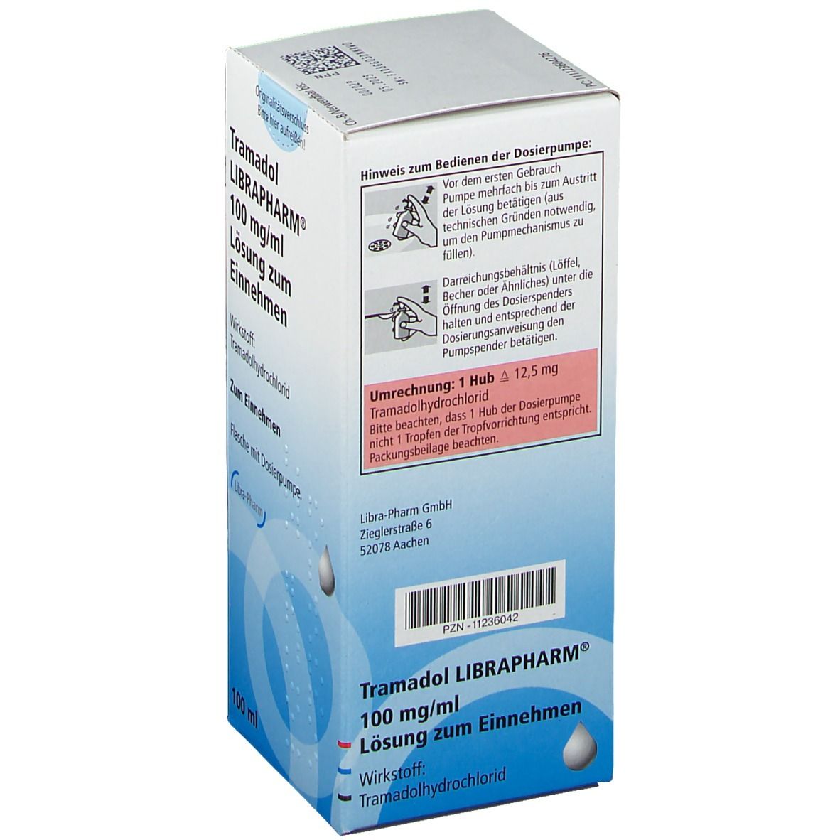 Rückseite der Tramadol LIBRAPHARM® 100 mg/ml Packung. Enthält Gebrauchsanweisung für die Dosierpumpe. Marke Libra-Pharm.