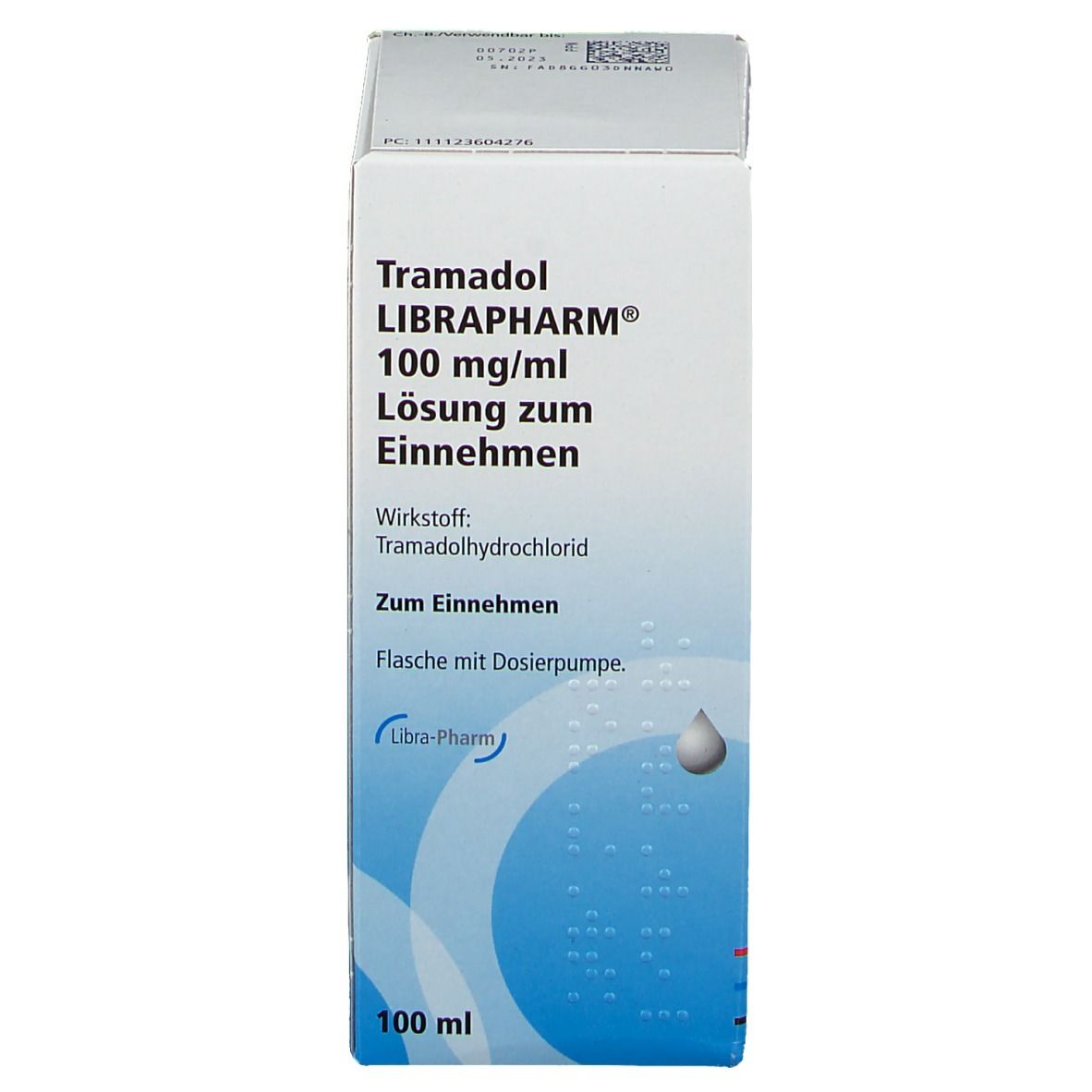 Karton von Tramadol LIBRAPHARM® 100 mg/ml. Aufschrift: Lösung zum Einnehmen. Enthält Dosierpumpe. Marke Libra-Pharm.