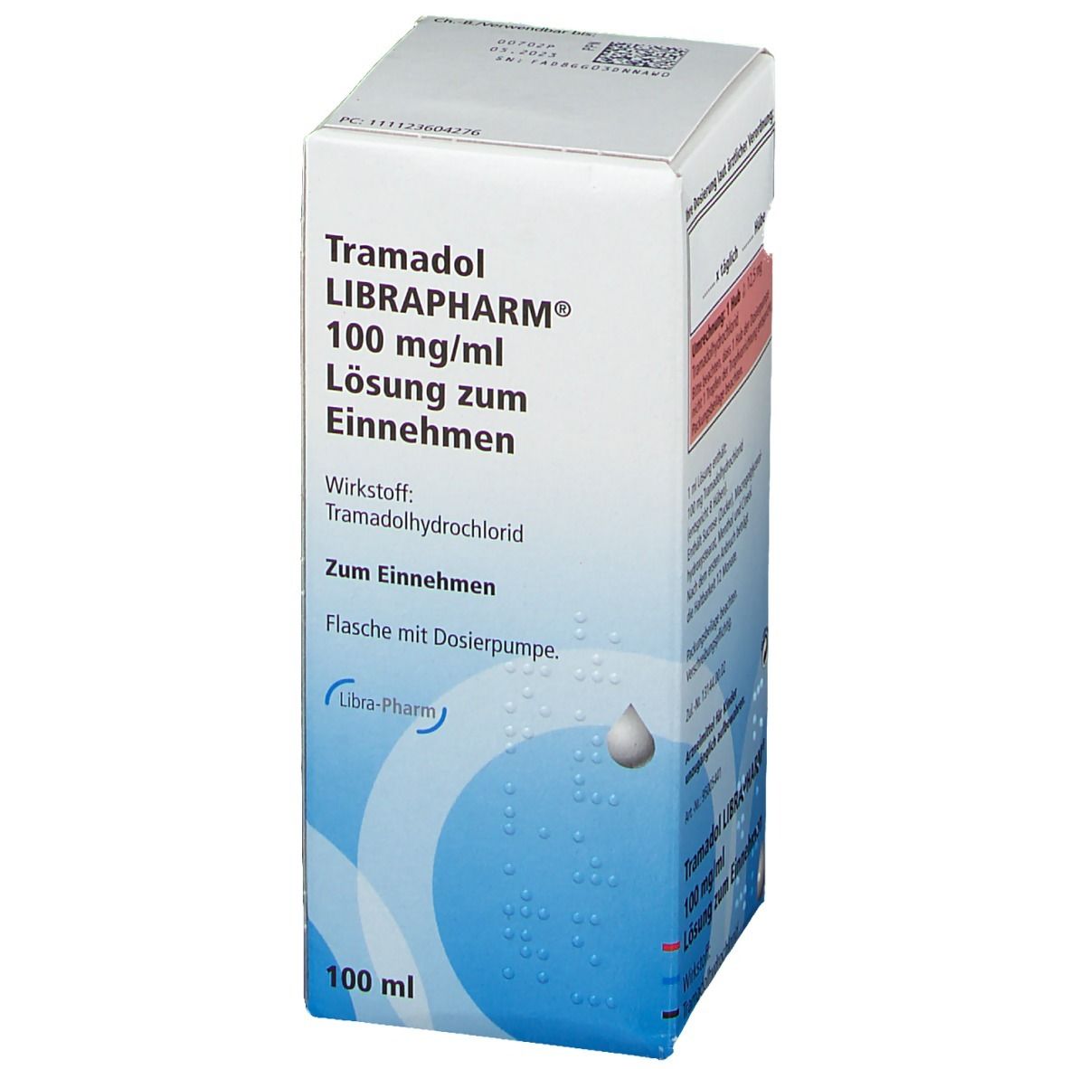 Karton von Tramadol LIBRAPHARM® 100 mg/ml. Aufschrift: Lösung zum Einnehmen. Enthält Dosierpumpe. Marke Libra-Pharm.