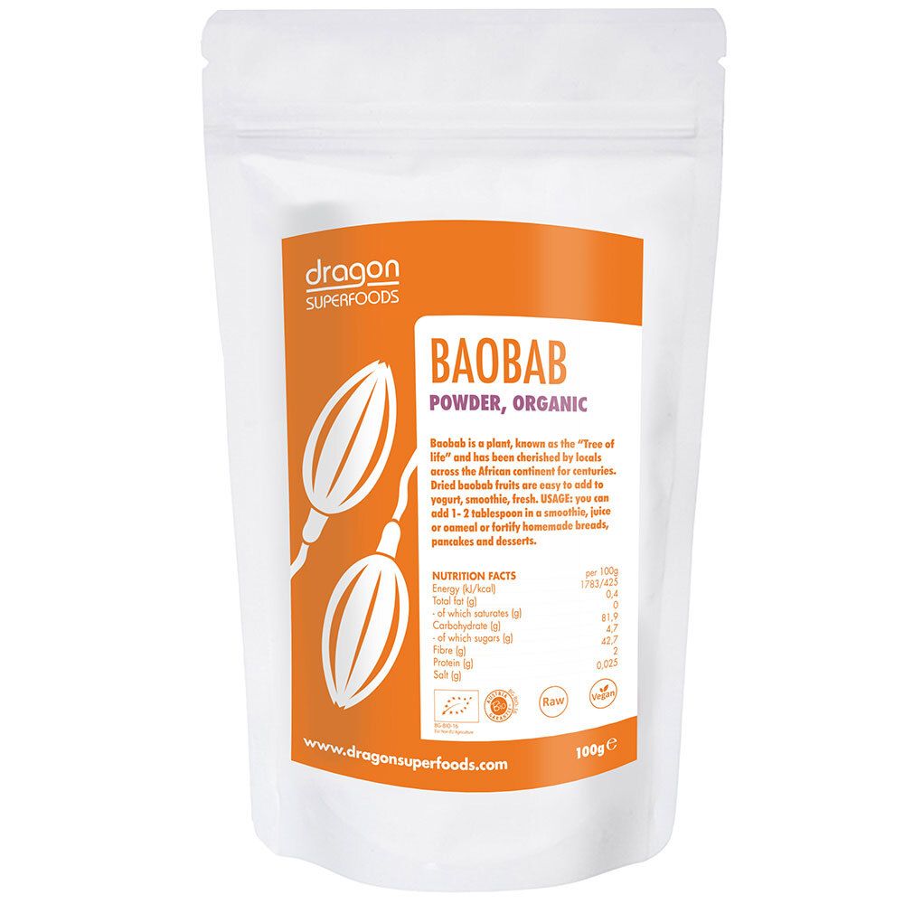 Weiße Beutel mit orangefarbenem Etikett. Aufschrift: BAOBAB, ORGANIC | POWDER. Logo: Dragon Superfoods. Bio-Zertifizierung. 100g.
