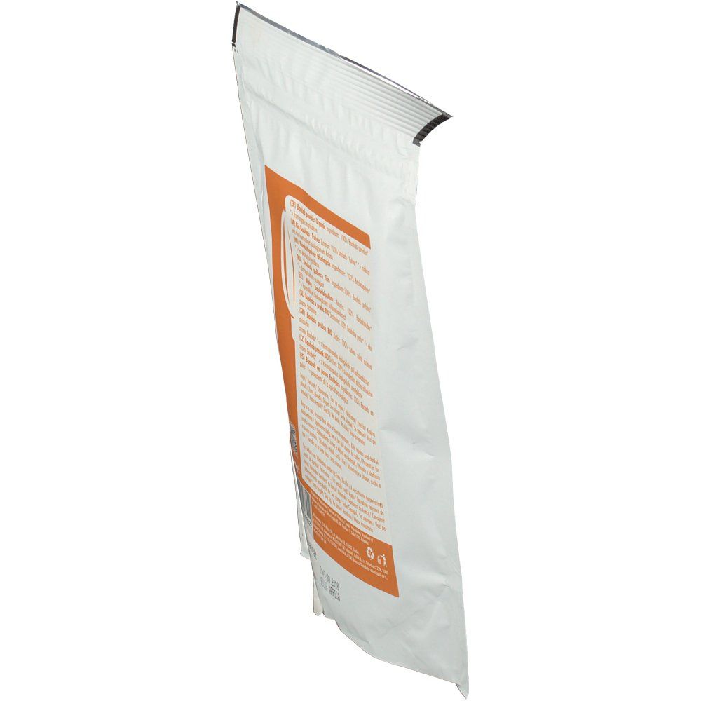 Weißer Beutel, schräg von der Seite gesehen. Orangefarbenes Etikett mit Text. Aufschrift: BAOBAB Pulver Bio Qualität. PZN-Nummer.