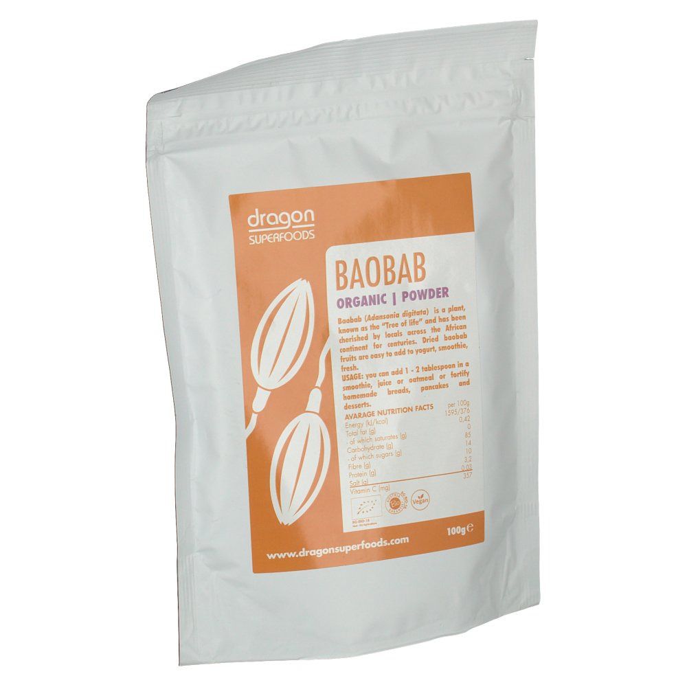 Weißer Beutel mit orangefarbenem Etikett. Aufschrift: BAOBAB, ORGANIC | POWDER. Logo: Dragon Superfoods. Bio-Zertifizierung. 100g.