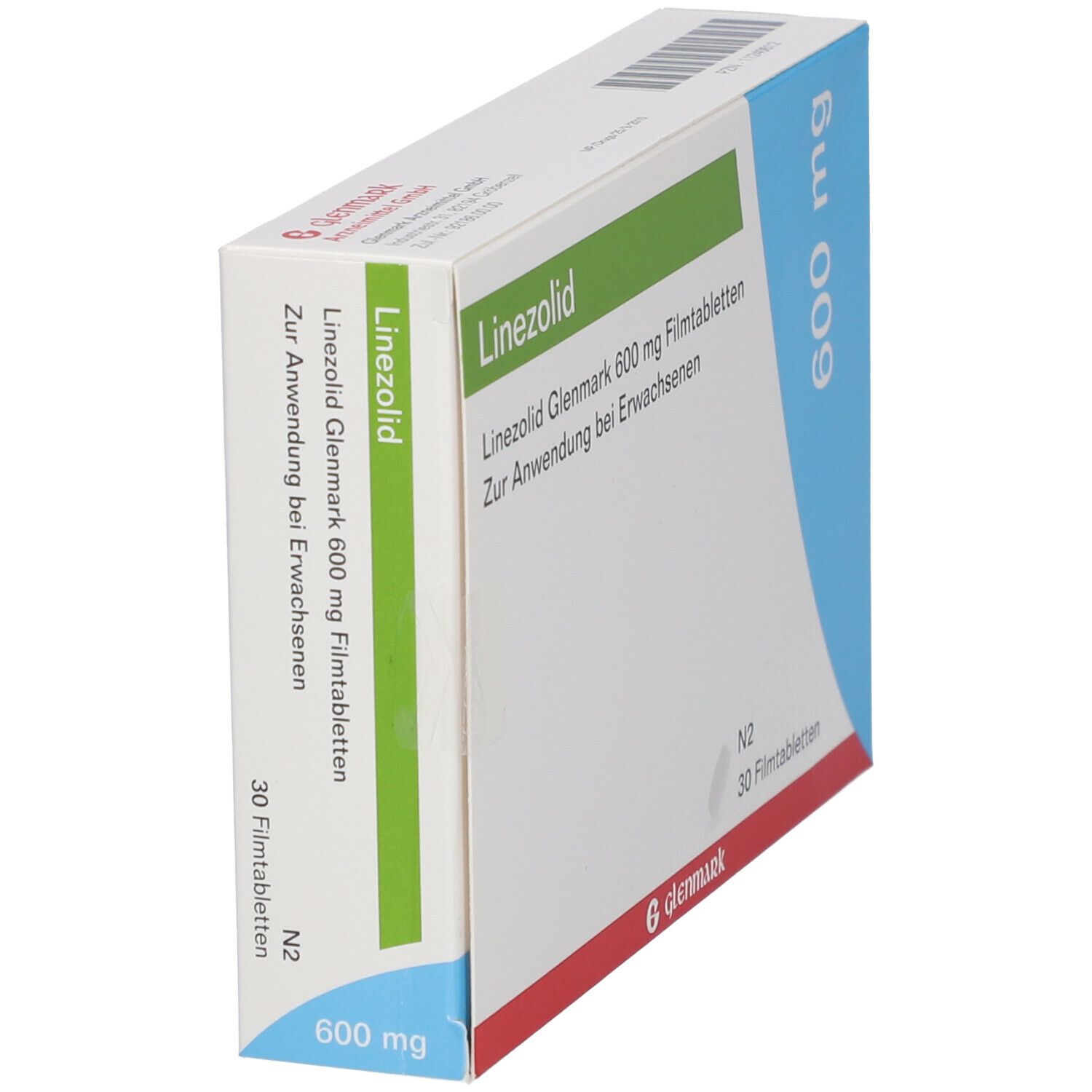 Schachtel Linezolid Glenmark 600 mg. Grün-weiß-blaue Verpackung, seitliche Ansicht. Produktname und Dosierung deutlich sichtbar.