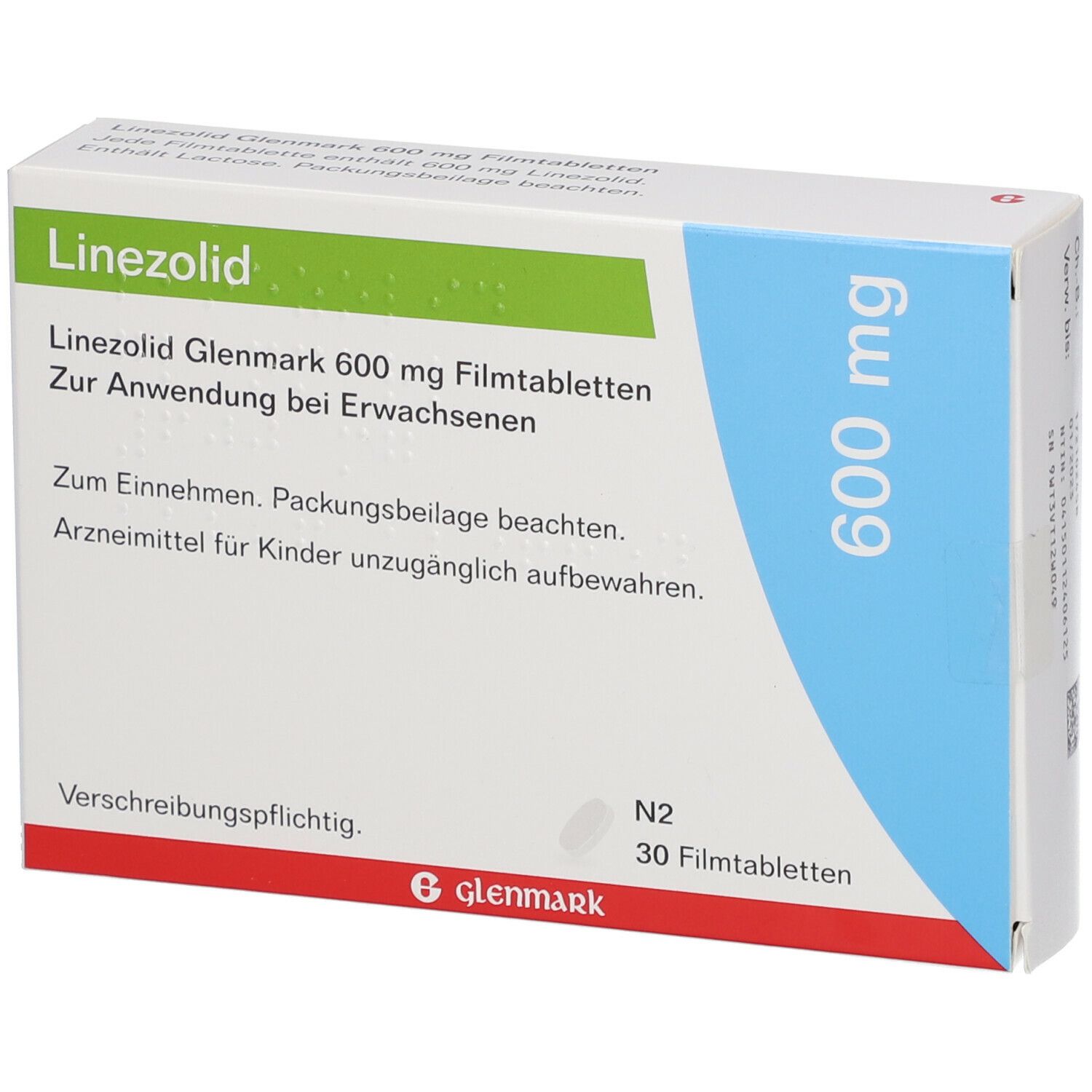 Schachtel Linezolid Glenmark 600 mg. Grün-weiß-blaue Verpackung mit Text. 30 Filmtabletten. Markenlogo unten.