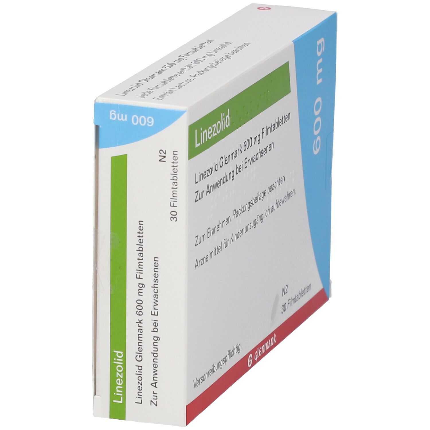 Schachtel Linezolid Glenmark 600 mg. Seitliche Ansicht, grün-weiß-blaue Verpackung. Produktname und Dosierung.