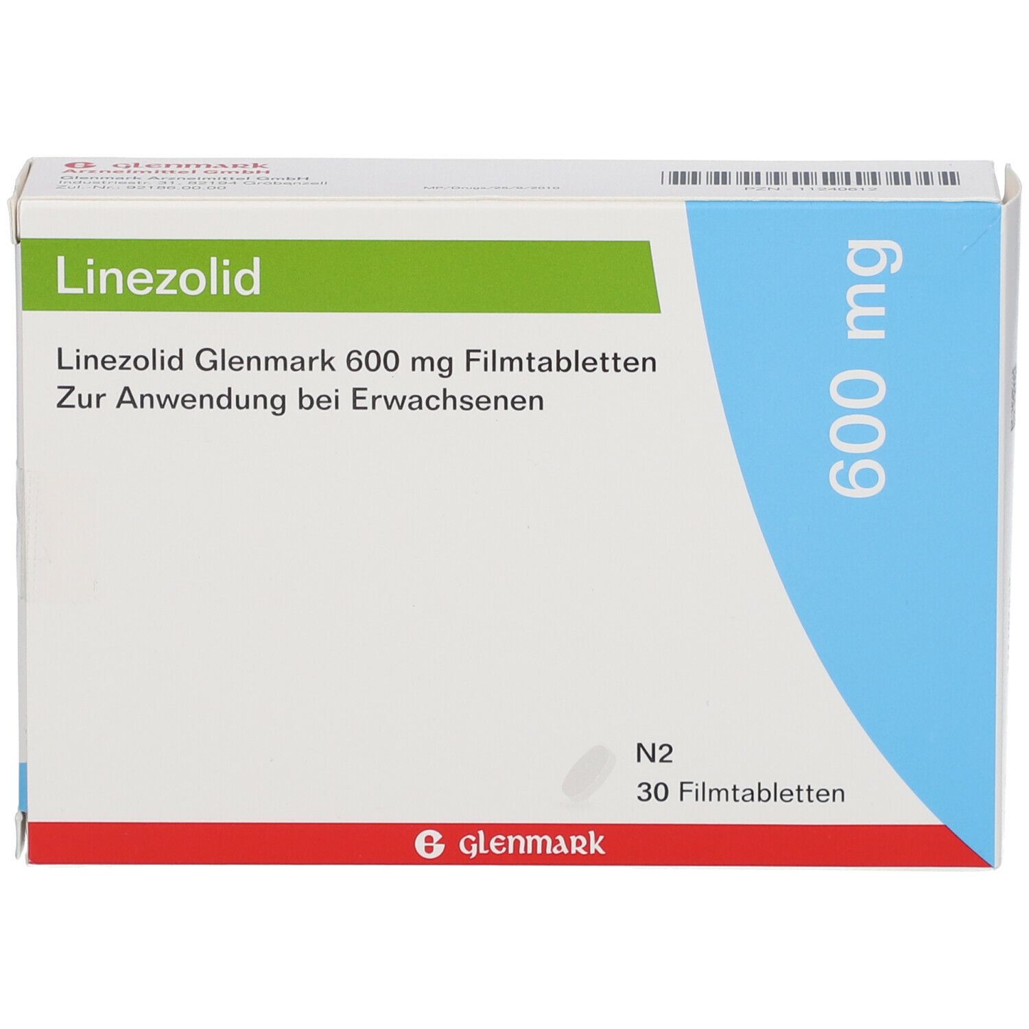Schachtel Linezolid Glenmark 600 mg. Grün-weiß-blaue Verpackung. Produktname, Dosierung und 30 Filmtabletten.