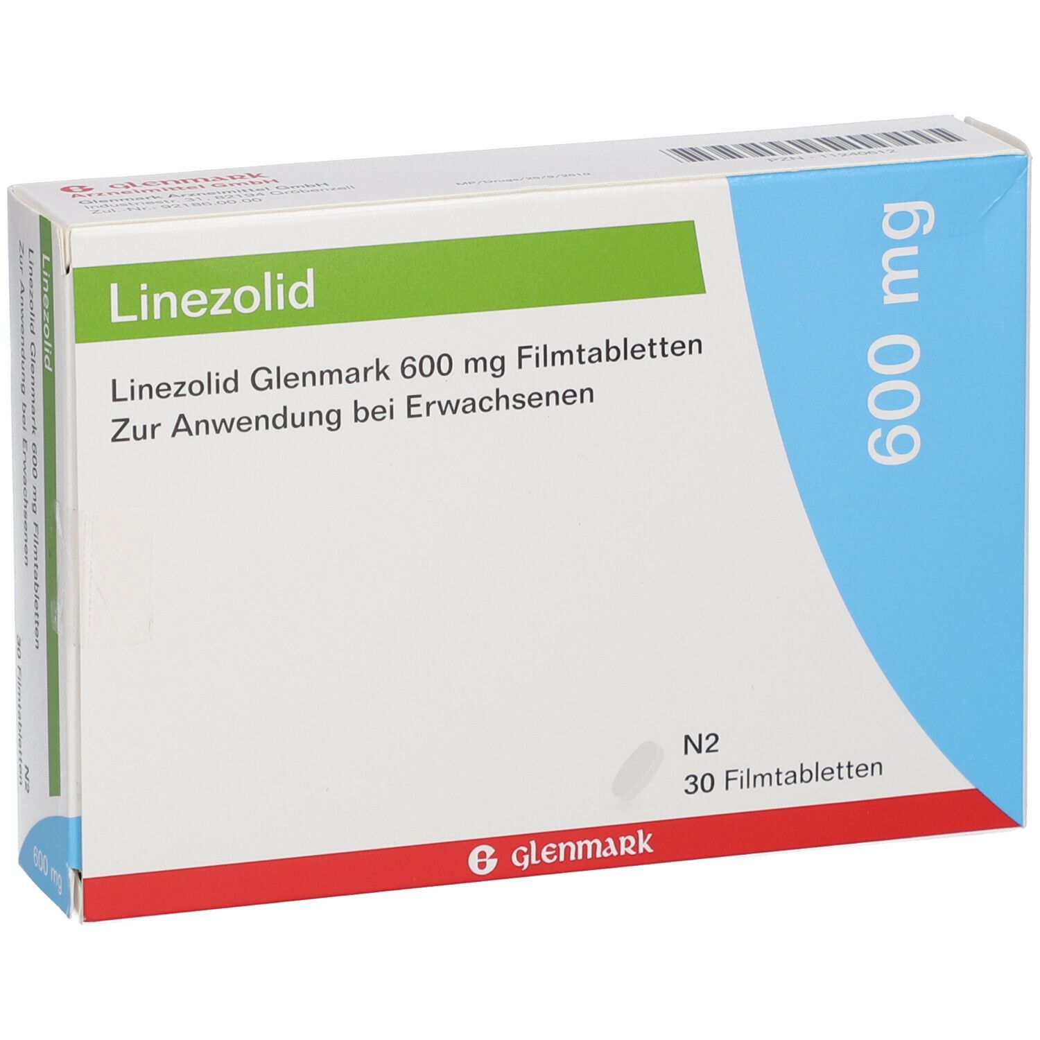 Schachtel Linezolid Glenmark 600 mg. Grün-weiß-blaue Verpackung. Produktname, Dosierung und 30 Filmtabletten.