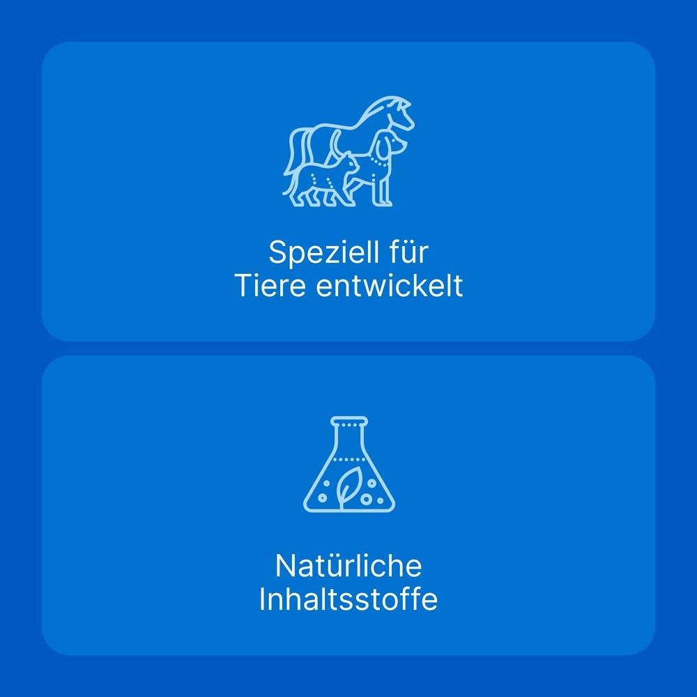 Blauer Hintergrund mit Symbolen. Text: Speziell für Tiere entwickelt. Natürliche Inhaltsstoffe.