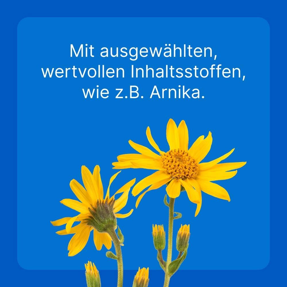 Gelbe Blüten. Text: Mit ausgewählten, wertvollen Inhaltsstoffen, wie z.B. Arnika.