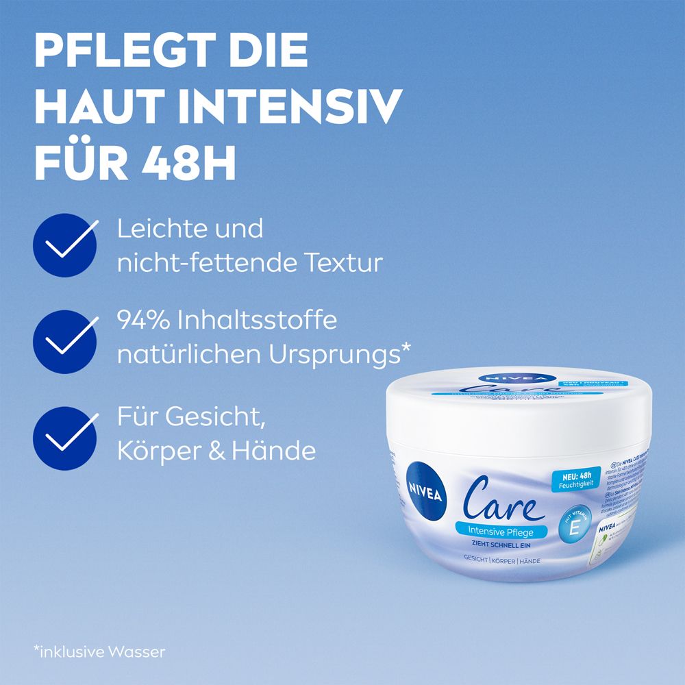 NIVEA Care Intensive Pflege: Leichte Textur, 94% natürliche Inhaltsstoffe, für Gesicht, Körper & Hände.