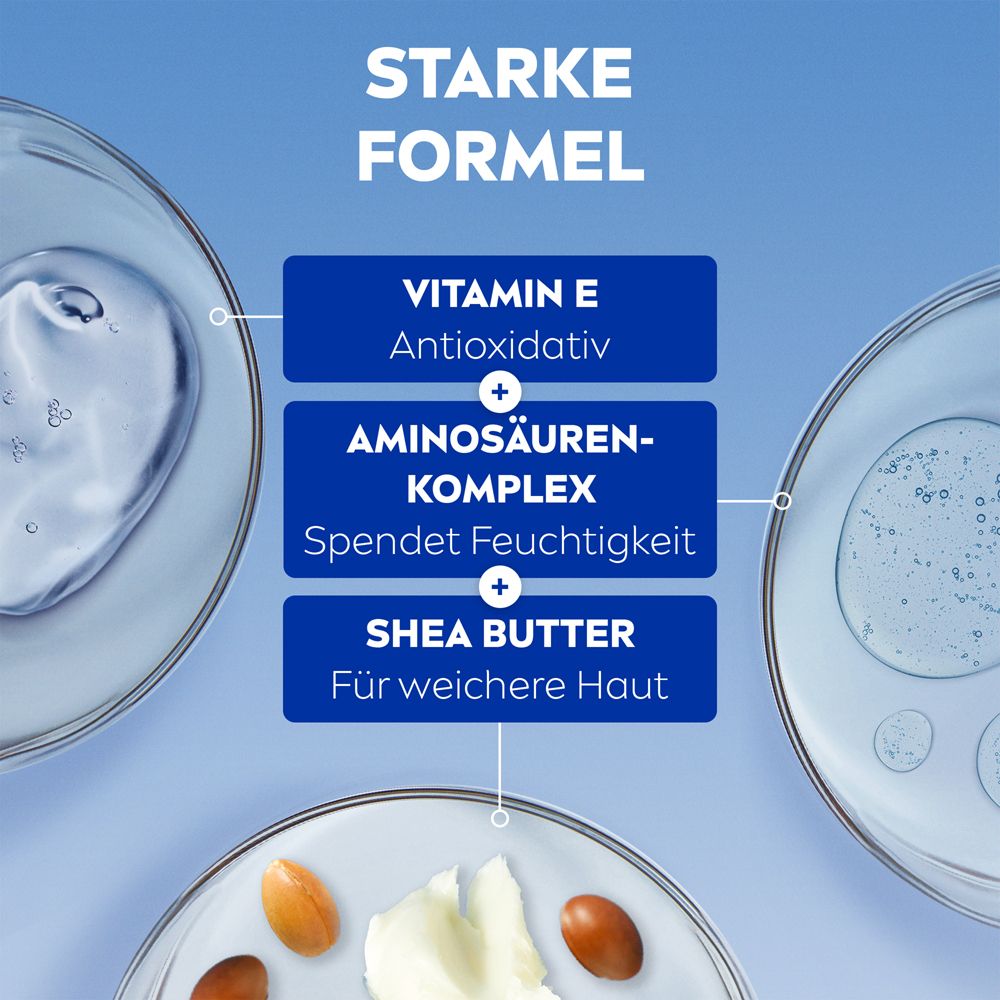 NIVEA Care Inhaltsstoffe: Vitamin E, Aminosäuren-Komplex, Shea Butter für weichere Haut.