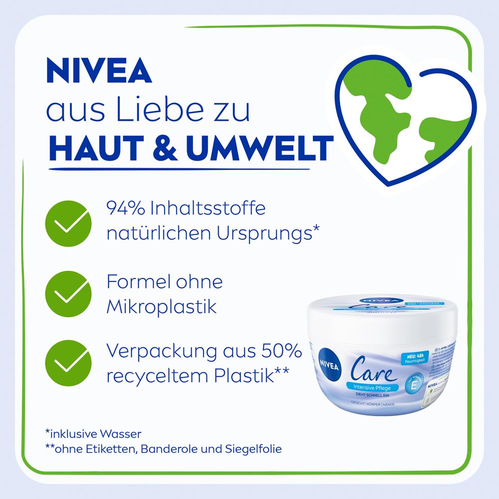 NIVEA aus Liebe zu Haut & Umwelt: 94% natürliche Inhaltsstoffe, Formel ohne Mikroplastik, Verpackung aus recyceltem Plastik.
