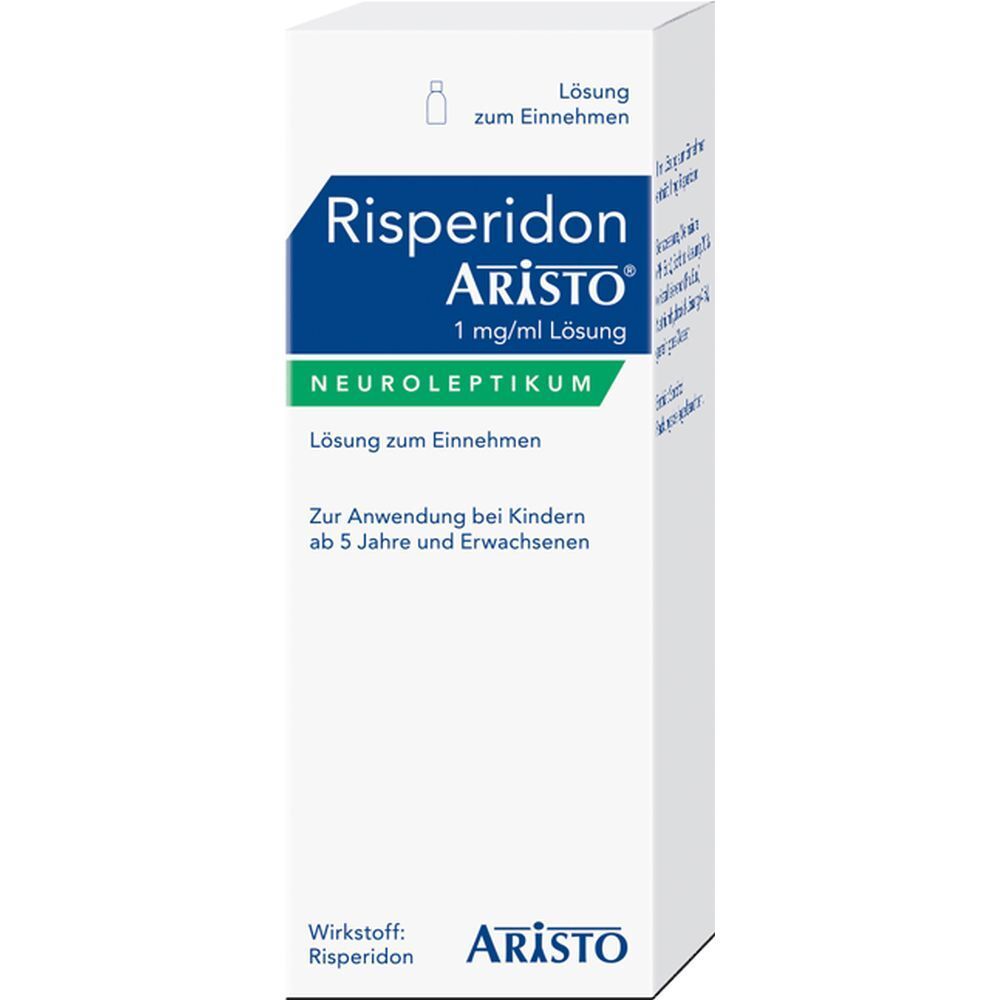 Karton mit Produktinformationen. Aufschrift: Risperidon Aristo 1 mg/ml Lösung. Für Kinder ab 5 Jahren und Erwachsene.
