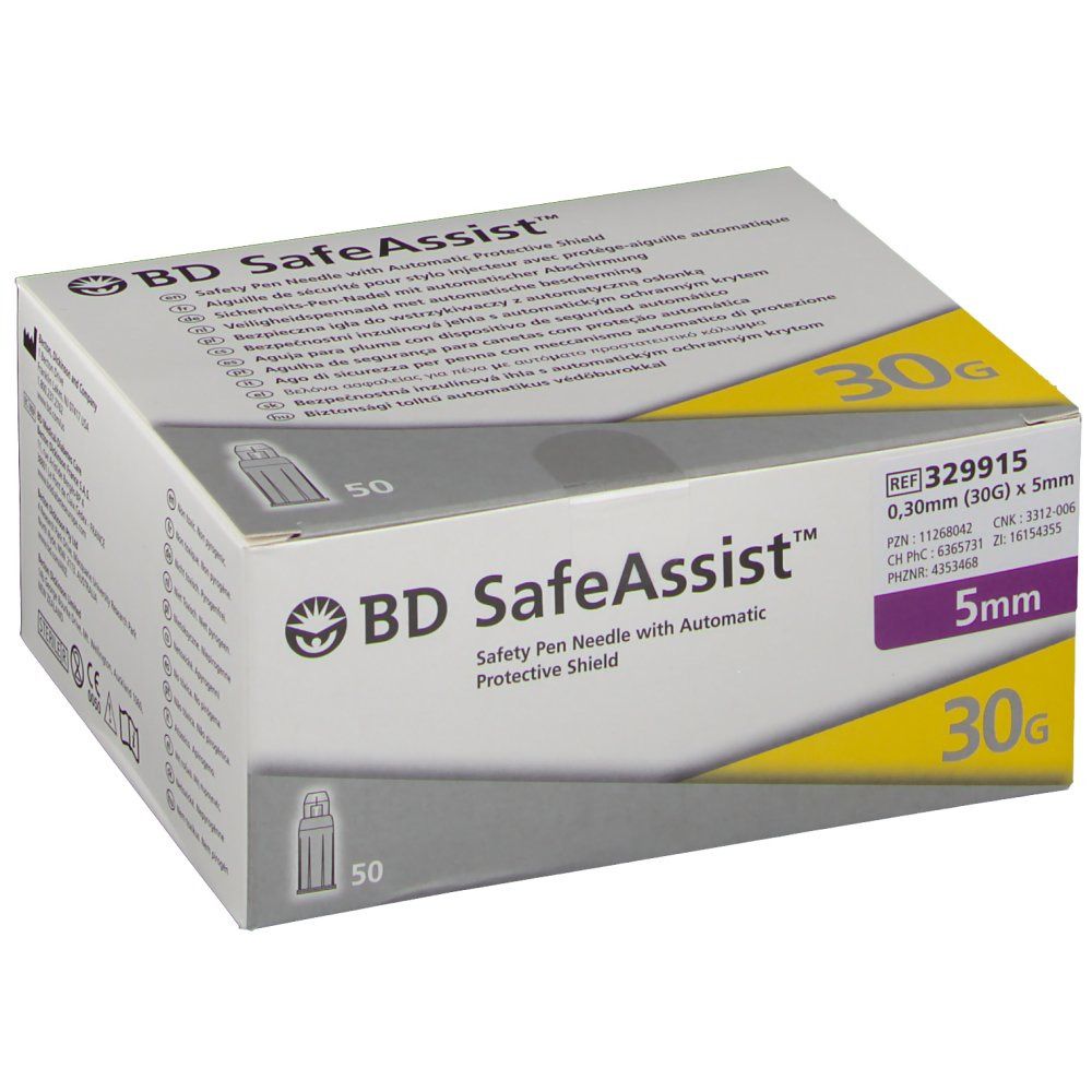Verpackung der BD SafeAssist™ Sicherheits-Pen-Nadel. Aufschrift: 30G, 5 mm, 50 Stück. Mit automatischer Schutzhülle.