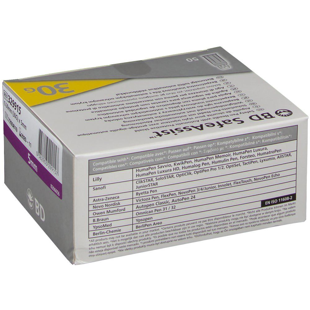 Rückseite der Verpackung der BD SafeAssist™ Sicherheits-Pen-Nadel. Enthält Informationen zu Kompatibilität und Normen.