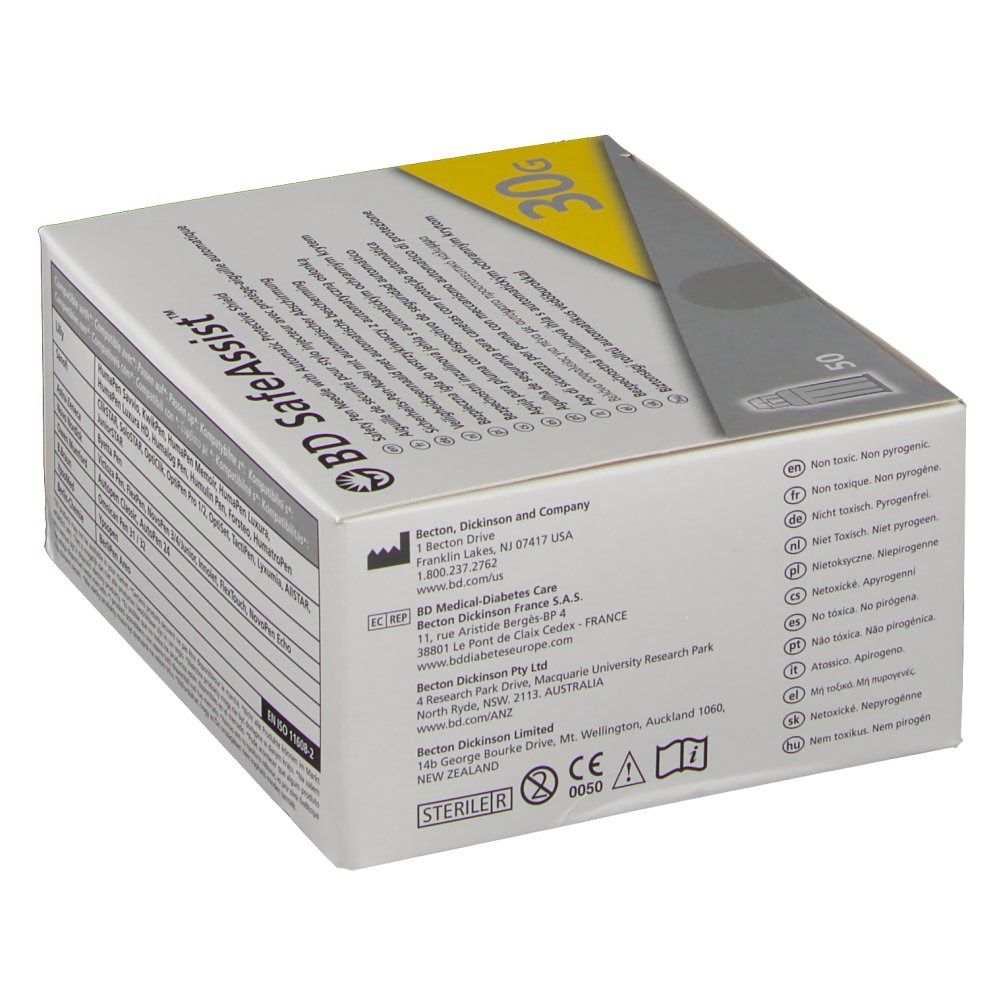 Oberseite der Verpackung der BD SafeAssist™ Sicherheits-Pen-Nadel. Mit Informationen zu Sterilität und Hersteller.