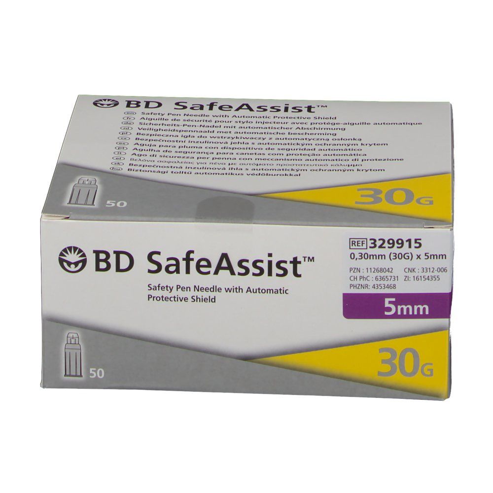 Verpackung der BD SafeAssist™ Sicherheits-Pen-Nadel. Aufschrift: 30G, 5 mm, 50 Stück. Mit automatischer Schutzhülle.