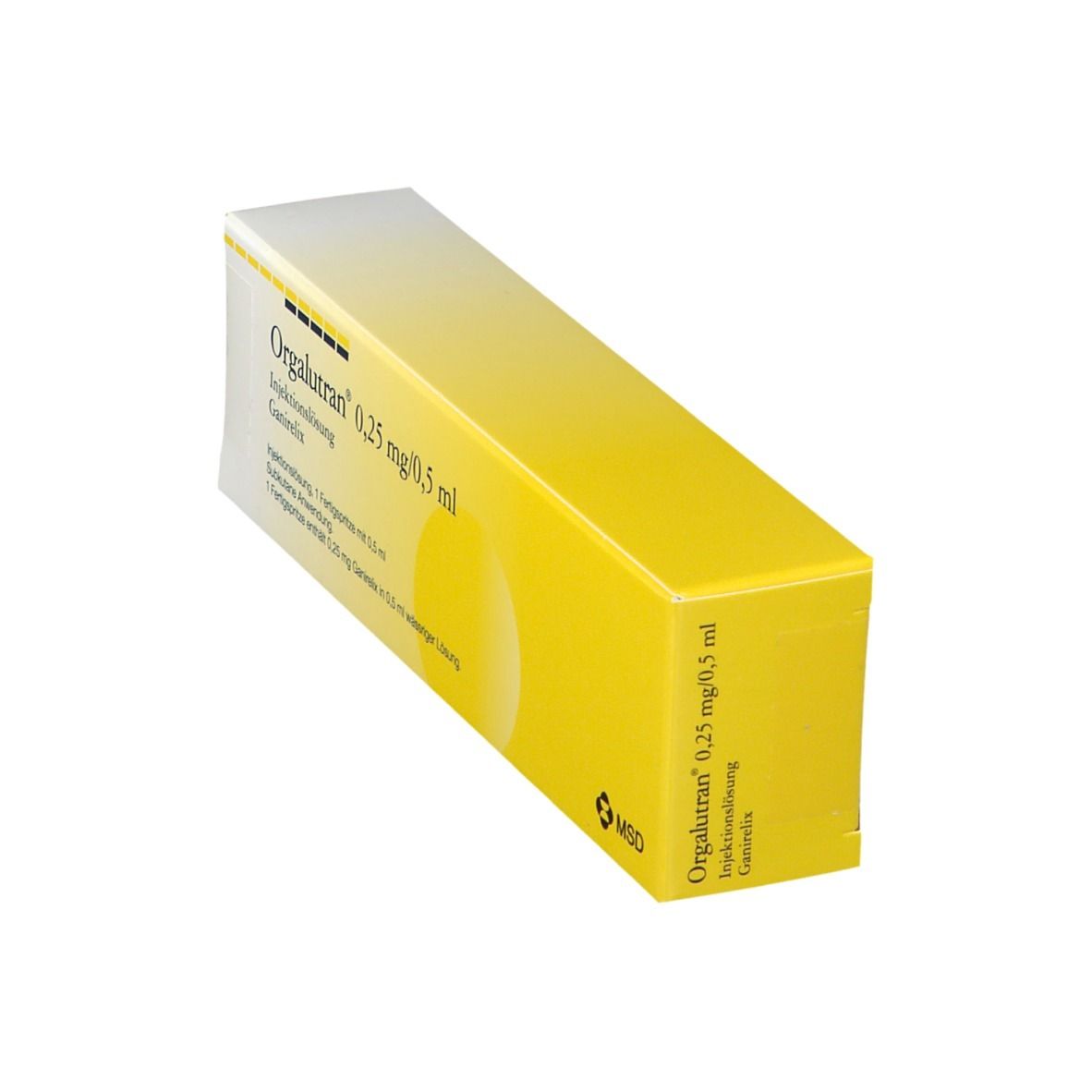 Schachtel, gelb, mit Produktinformationen. Aufschrift: Orgalutran 0,25 mg/0,5 ml. MSD-Logo.