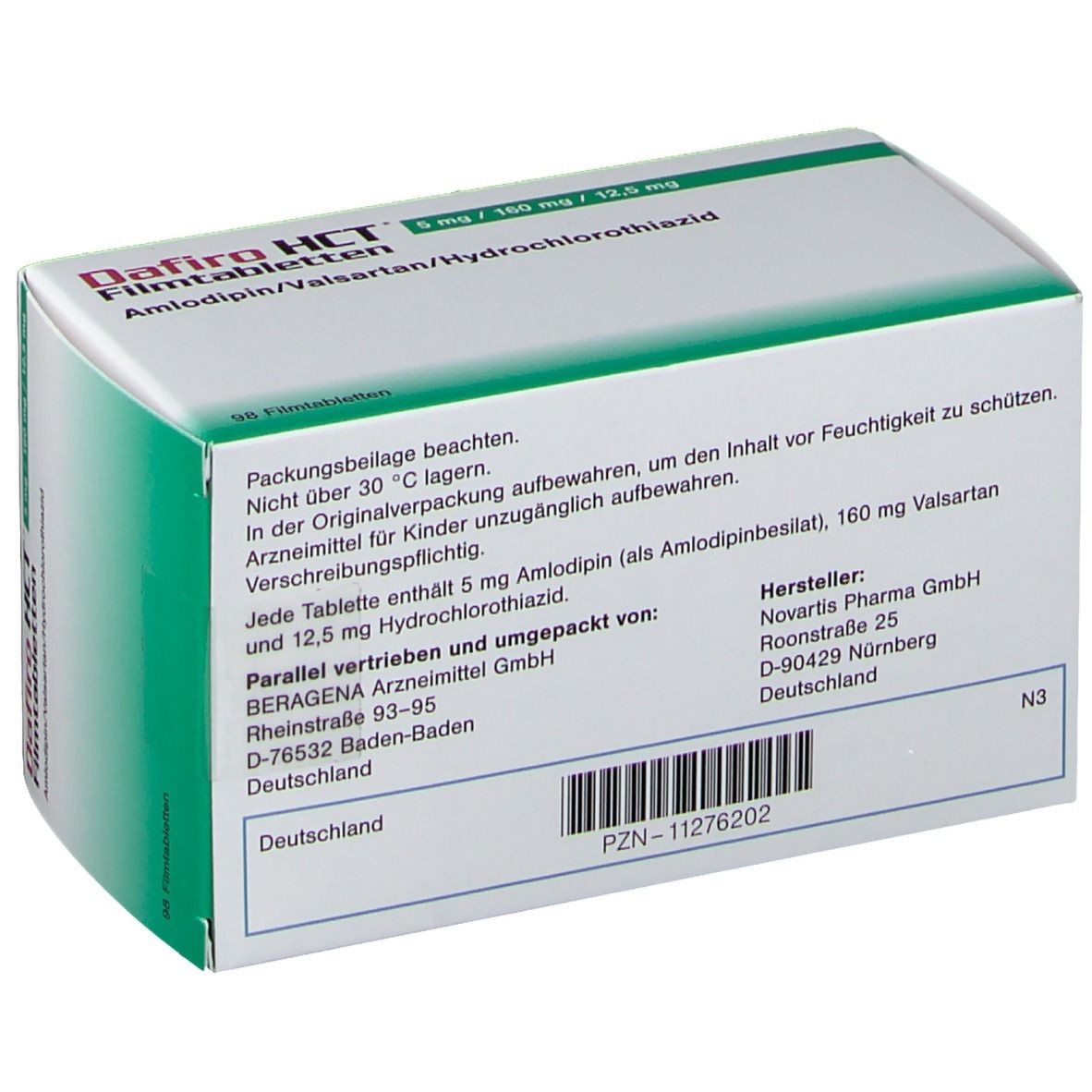 Rückseite der Dafiro HCT-Schachtel. Enthält Produktinformationen, Herstellerangaben und PZN-Nummer. Grün-weiße Verpackung.