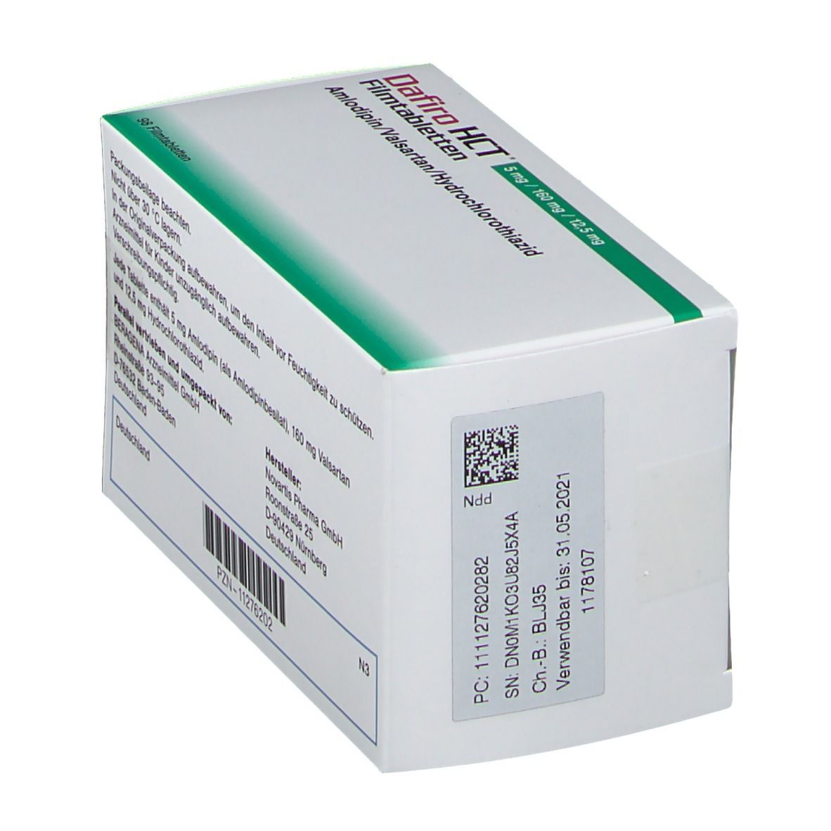 Dafiro HCT-Schachtel, schräge Ansicht. Aufdruck mit Produktinformationen und Chargennummer. Grün-weiße Verpackung.