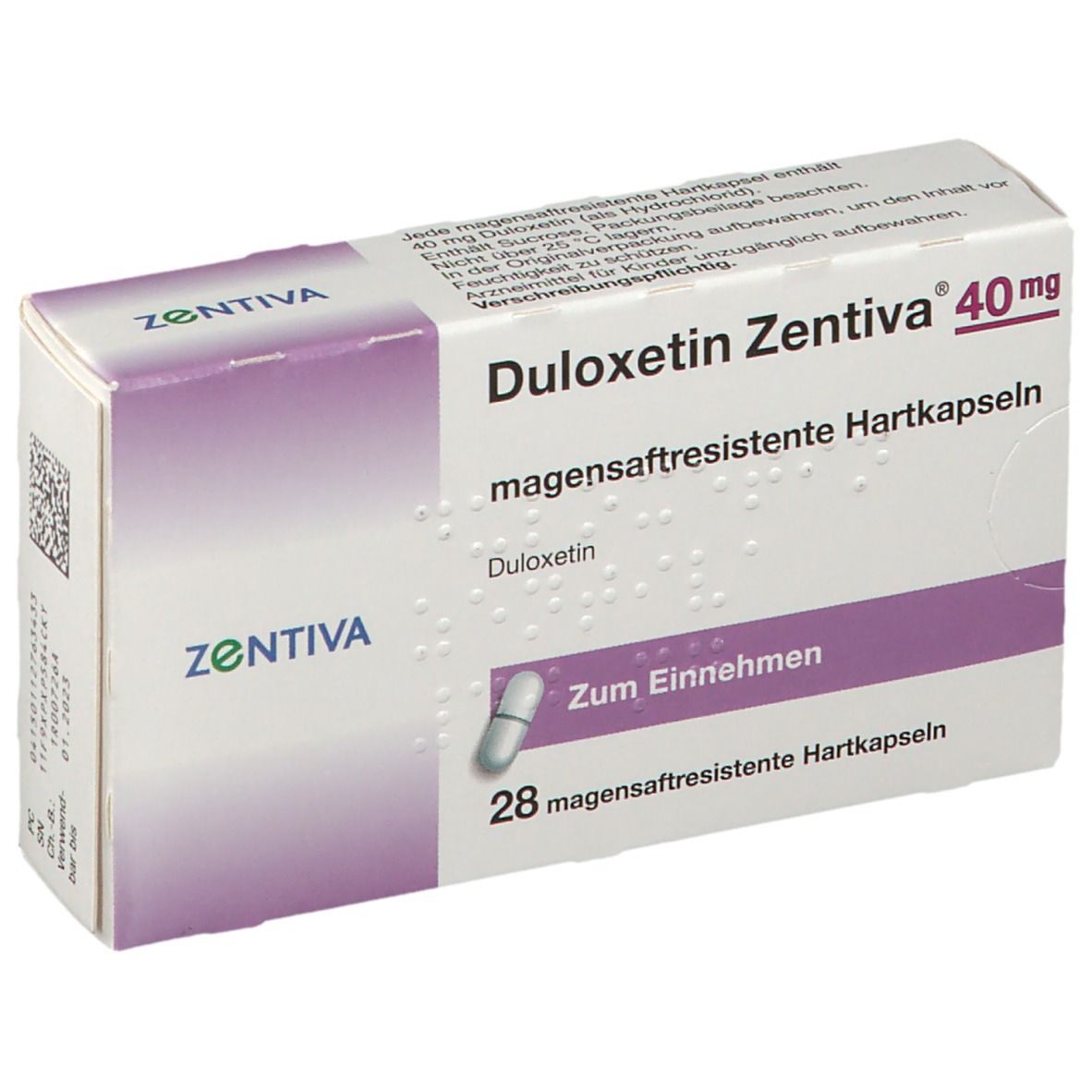 DULOXETIN ZENTIVA 40mg Schachtel. 28 magensaftresistente Hartkapseln. ZENTIVA Logo. Zum Einnehmen. Ansicht von oben.