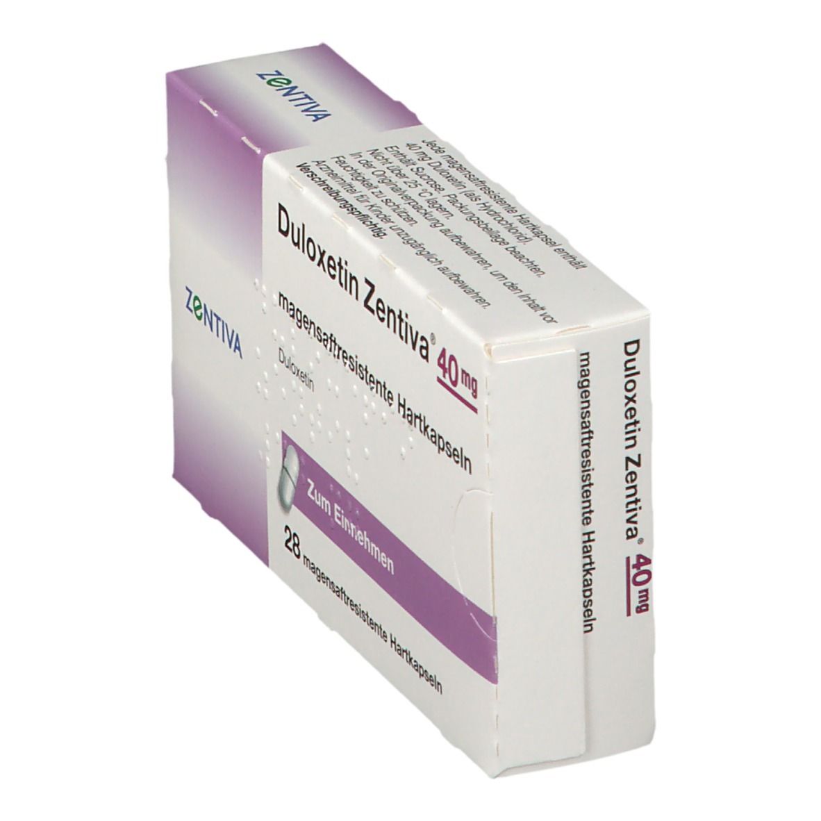 DULOXETIN ZENTIVA 40mg Schachtel. 28 magensaftresistente Hartkapseln. ZENTIVA Logo. Zum Einnehmen. Schräge Ansicht.