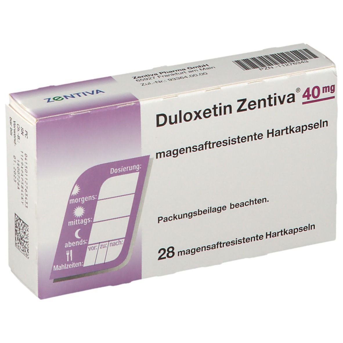 DULOXETIN ZENTIVA 40mg Schachtel. 28 magensaftresistente Hartkapseln. ZENTIVA Logo. Zum Einnehmen. Dosierungsplan.