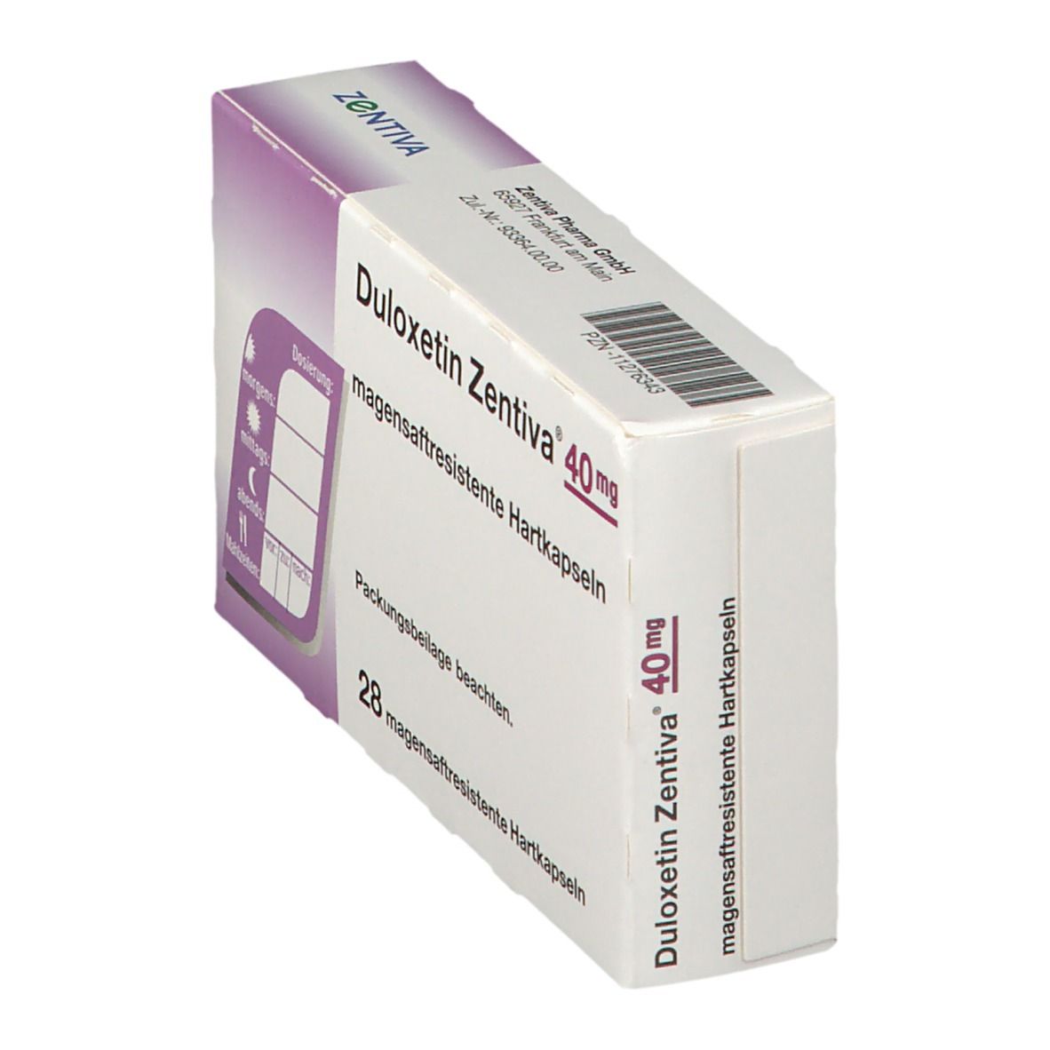 DULOXETIN ZENTIVA 40mg Schachtel. 28 magensaftresistente Hartkapseln. ZENTIVA Logo. Schräge Ansicht.