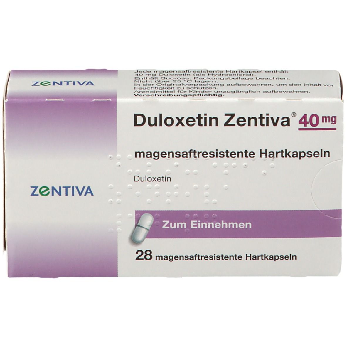 DULOXETIN ZENTIVA 40mg Schachtel. 28 magensaftresistente Hartkapseln. ZENTIVA Logo. Zum Einnehmen.