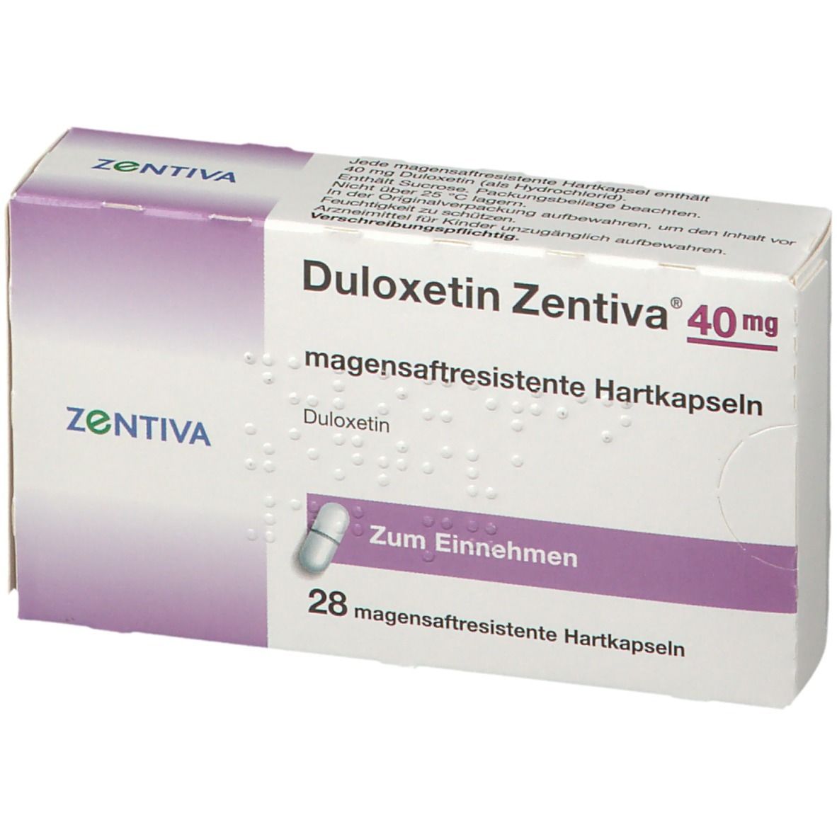 DULOXETIN ZENTIVA 40mg Schachtel. 28 magensaftresistente Hartkapseln. ZENTIVA Logo. Zum Einnehmen.