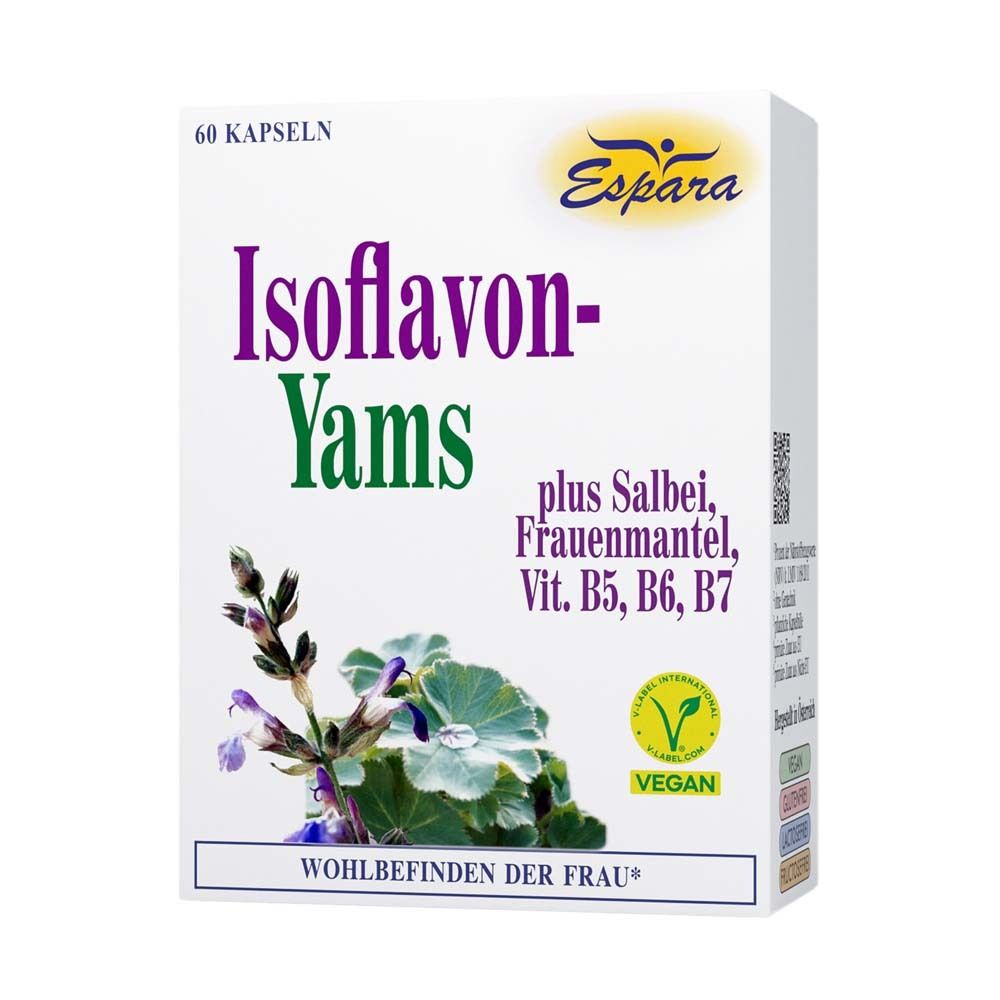 Weißer Karton mit Espara Isoflavon-Yams Kapseln. Aufschrift: Isoflavon-Yams, plus Salbei, Frauenmantel, Vit. B5, B6, B7. Vegan-Siegel.