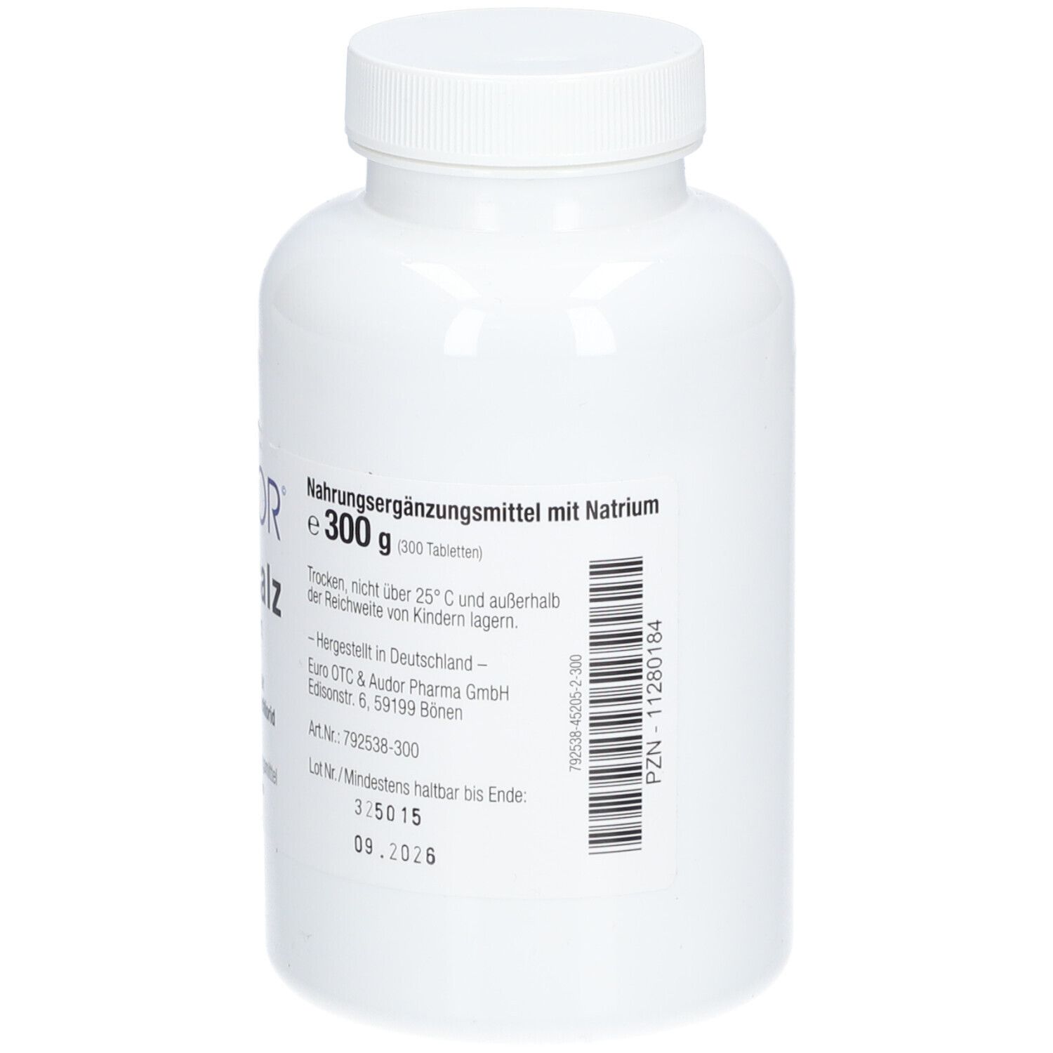 Weiße Tablettenflasche mit Schraubverschluss. Aufschrift: Nahrungsergänzungsmittel mit Natrium. Barcode und Mindesthaltbarkeitsdatum.