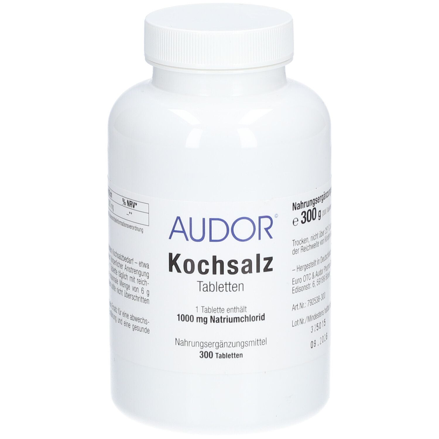 Weiße Tablettenflasche mit Schraubverschluss. Aufschrift: AUDOR Kochsalz Tabletten, 1000 mg Natriumchlorid, 300 Tabletten.