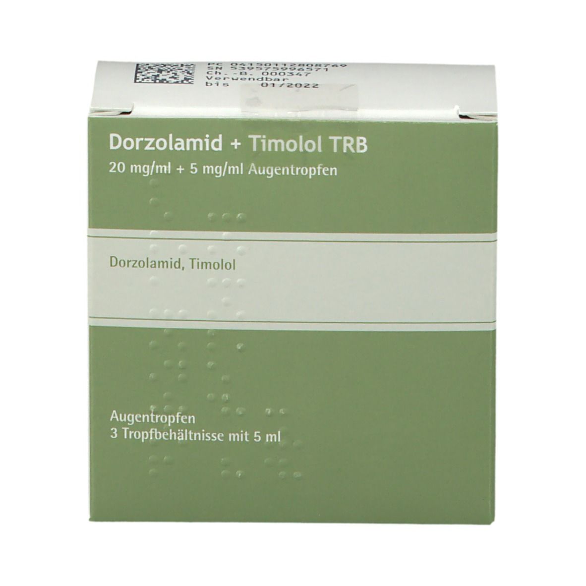 Vorderseite der Augentropfen-Verpackung. Grün-weiße Schachtel mit Produktnamen und Dosierung. Enthält 3 Tropfbehältnisse.