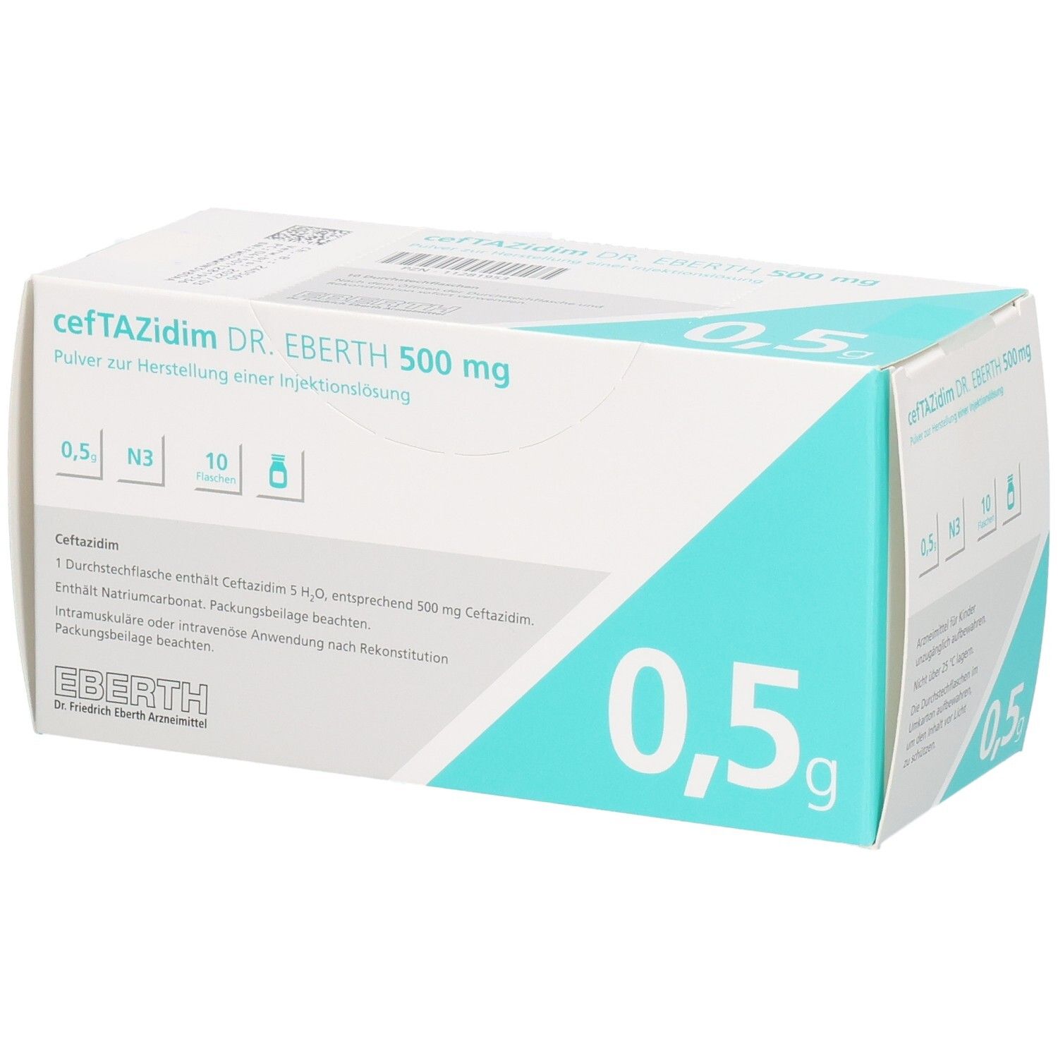 Arzneimittelpackung mit Aufschrift cefTAZidim DR. EBERTH 500 mg. Enthält 10 Fläschchen. Weiße und türkise Farbgebung.