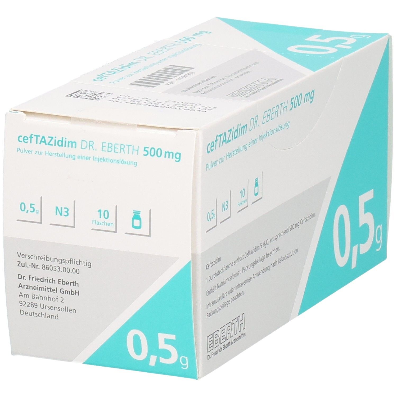 Schräg gestellte Arzneimittelpackung cefTAZidim DR. EBERTH 500 mg. Enthält 10 Fläschchen. Weiße und türkise Farbgebung.